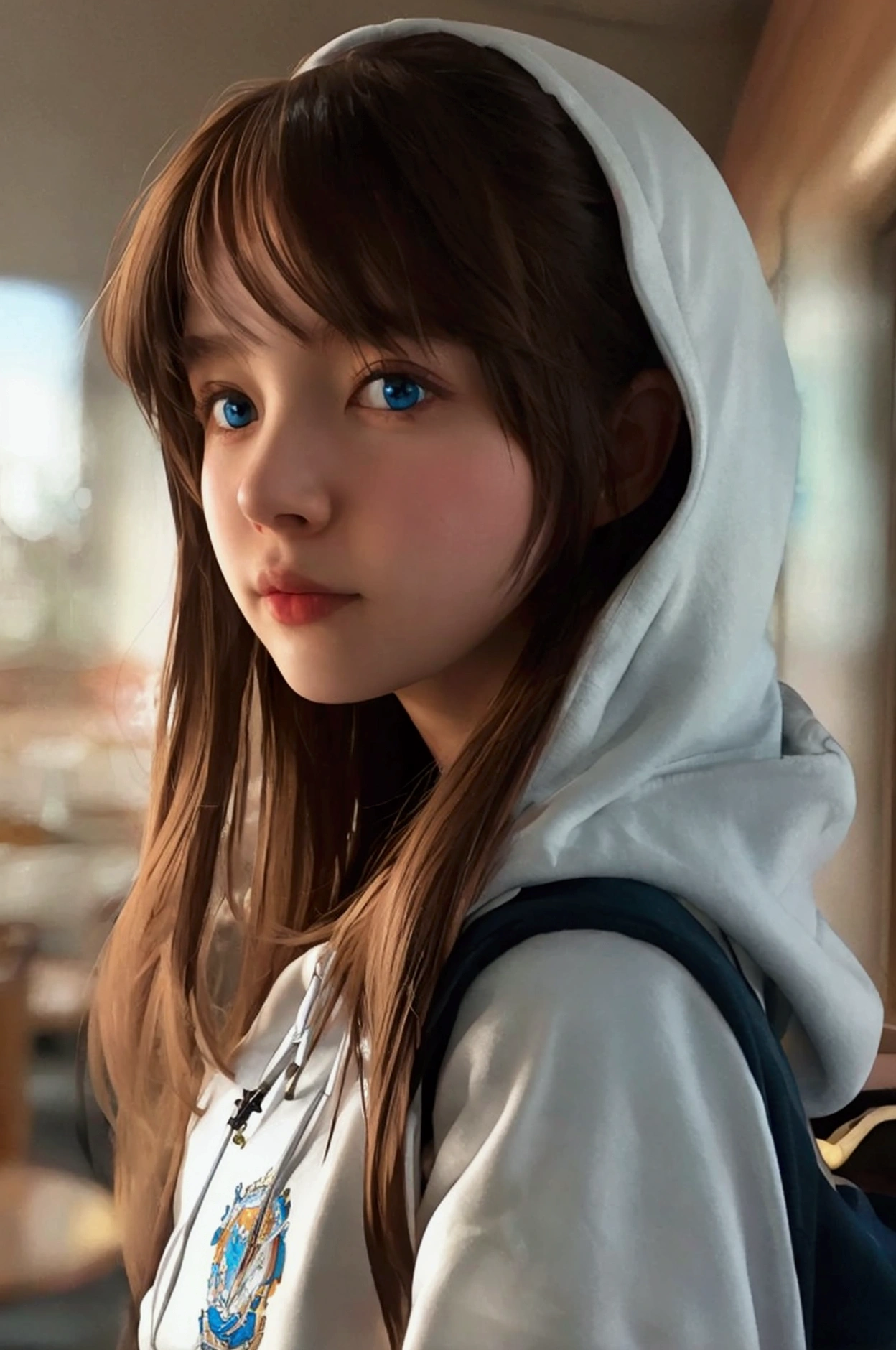 High school student uniform and hoodie girl long hair, Brown Hair, 
blue eyes, 