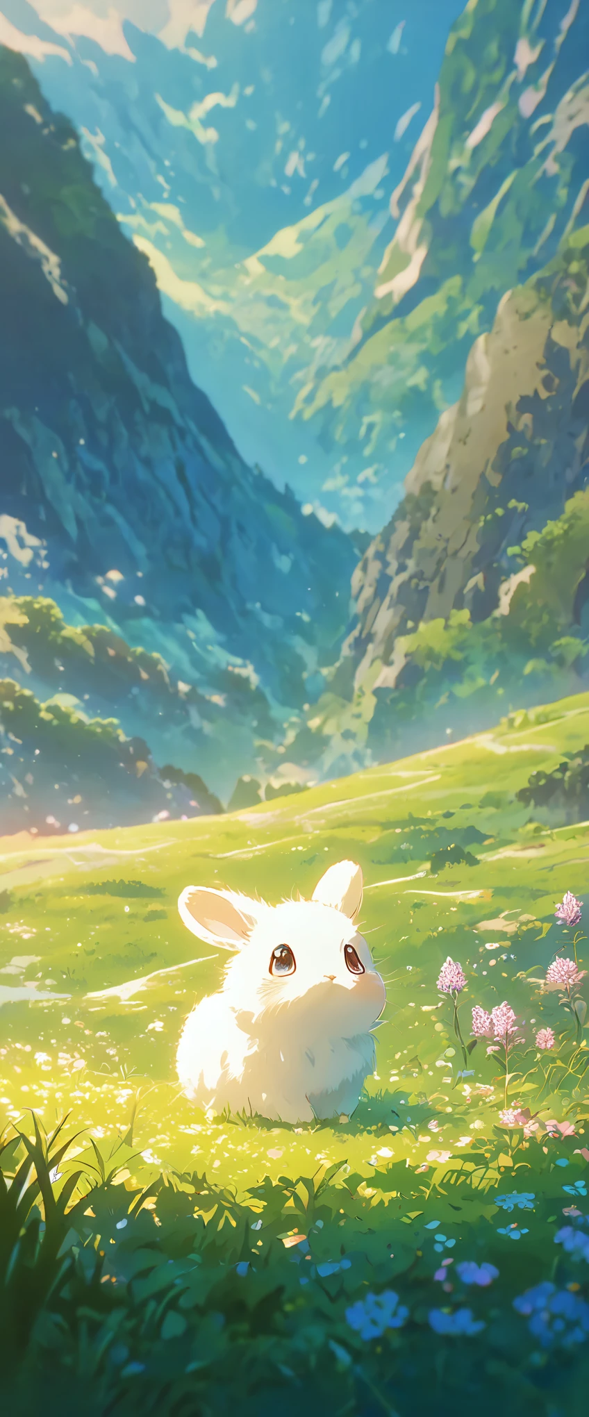 Create a close-up, animated illustration of a fluffy bunny sitting in a field of clover. Emphasize the soft fur, big eyes, and twitching nose of the bunny. The background should be a gentle blur of greenery, highlighting the cuteness and innocence of the baby bunny, by makoto shinkai, anime beautiful peace scene, beautiful anime scene, anime background art, anime landscape wallpaper, anime countryside landscape, anime art wallpaper 4 k, anime art wallpaper 4k, beautiful anime scenery, anime art wallpaper 8 k, amazing wallpaper , Ultrawide cozy