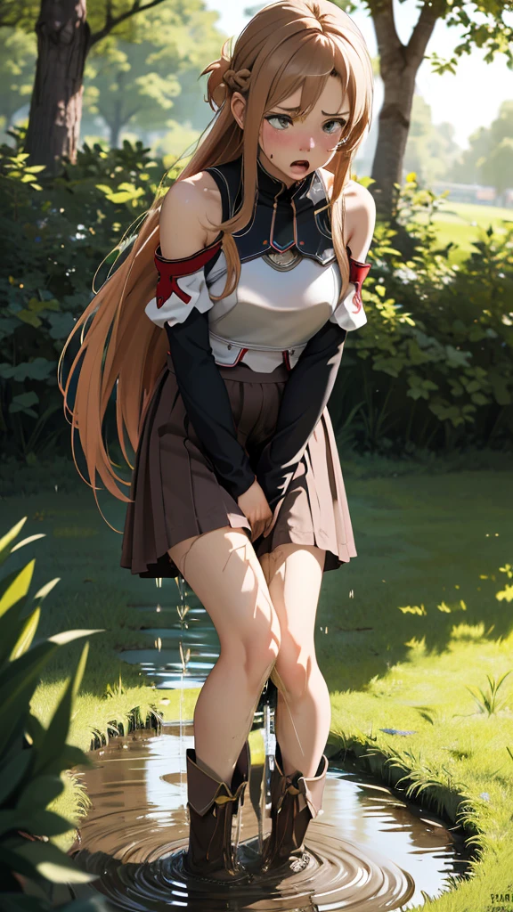 masterpiece, best quality, high resolution, aaasuna, long hair, brown hair, braid, brown eyes, bare shoulders, armor, cuirass, white sleeves, separate sleeves, red skirt, pleated skirt, white thighs, rear view, looking viewer, squatting, big , showing ass,lack lace panties (upskirt)