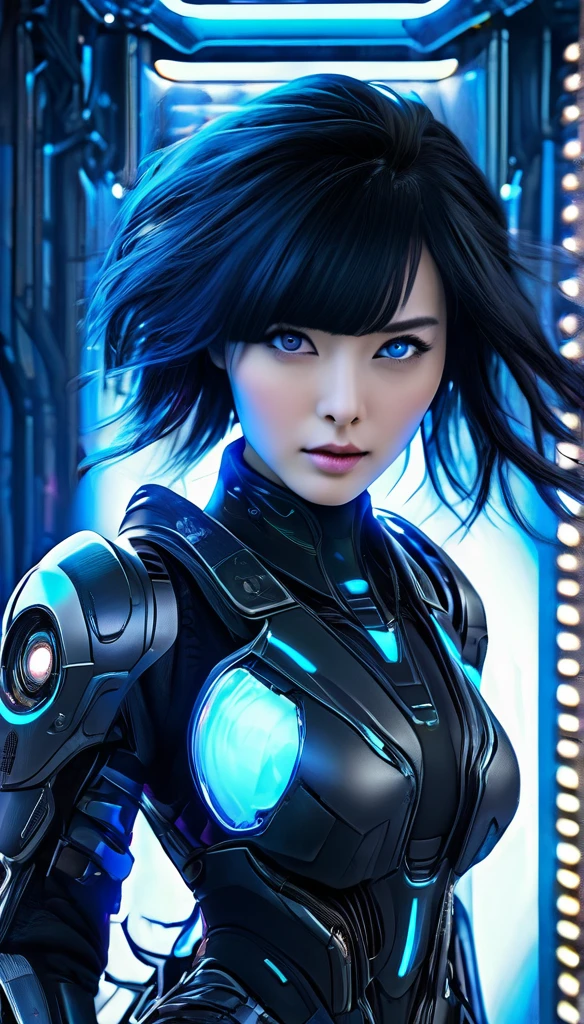 (masterpieceBest Quality:1.2), A woman wearing exoskeleton cyber armor, The armor fits snugly、(((She has a plasma gun in her hand))), Full body photo, Maximum details, Superior quality through precise drawings, 8k,chest, blue eyes,  High resolution, 超High resolution, Best Quality, Shortcuts, Big chest, Cinematic Lighting Effects, 未来的な美しいBlack Hairの女性, Shining blue eyes, Cyberpunk style woman, ((High tech spaceship interior with blue light illumination)), High-quality images、Black Hair, Shortcuts, 