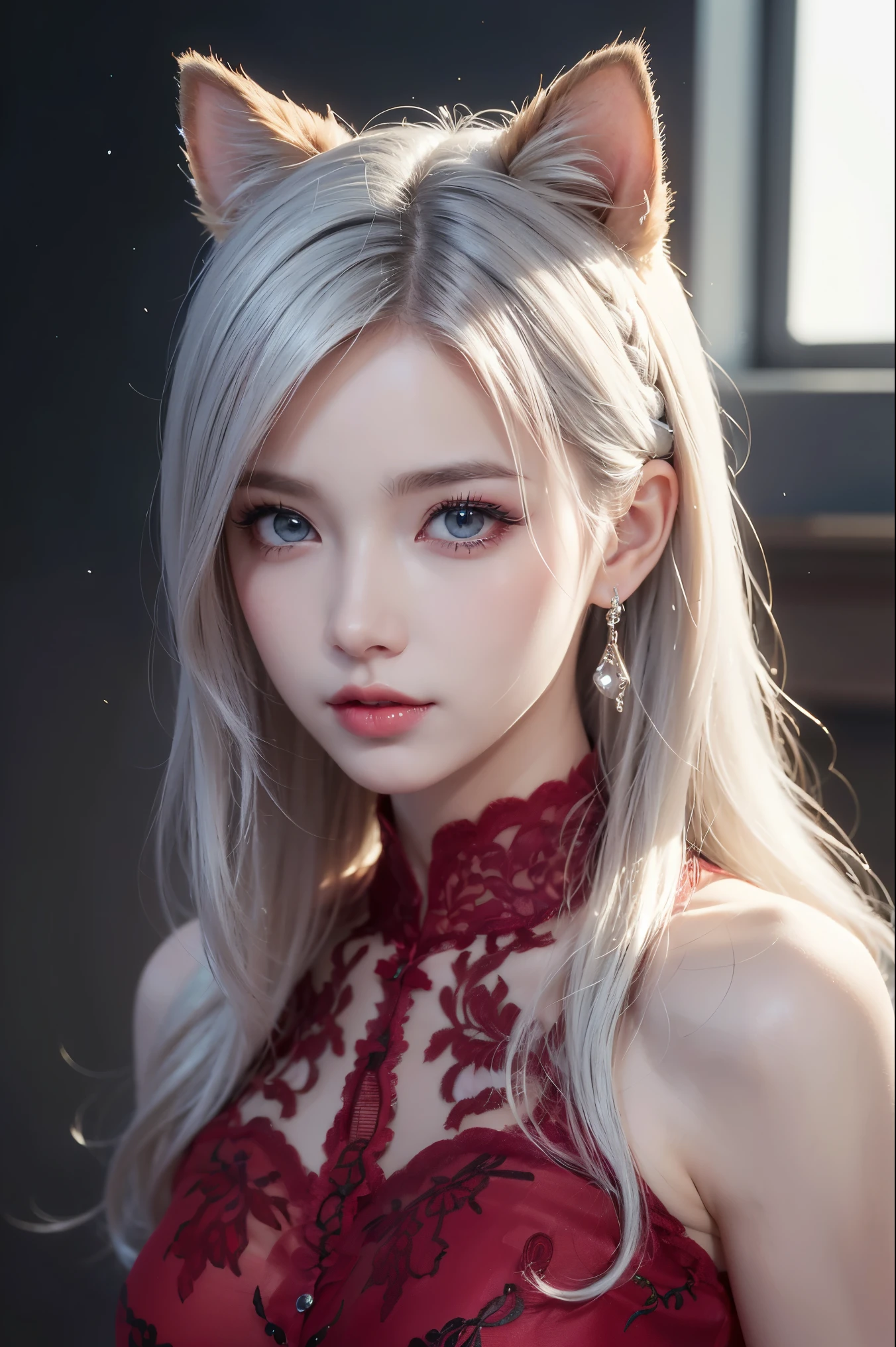 photorealistic,Realistic illustration in Modelshoot style,((masterpiece)),((The best quality)),((Ultra Quality)),((ultra detailed)),((1girl long white hair)),((Only)),((waifu:1.5)),Perfect anatomy,perfect hands,beautiful cuerpo,beautiful_method,ulzzang-6500-v1,e-chica,((Exceptionally Beauty Waifu Princess)), intricate details, realist, photorealist, Full Body Portrait, Instagram Photo of a woman wearing aretes, Mary R., inspired by Emma Andijewska, wrapped in crystals,(masterpiece:1.3), (Best Quality:1.3), (Ultra-detailed:1.2), ((kawaii)), Cute, (lovely), ((sexy)), ((Extremely detailed)), 4K, (8K), Best Quality, (Beautiful), Illustration, anime style, (bold line:1.2), Gradation,(best quality, ultra-detailed, photorealistic: 1.39), bright and vibrant colors, studio lighting, (Perfect eyes:1.2), (Perfect iris:1.2), romantic kawaii expression, cute delicate smile, kawaii makeup, 1 e-girl, short red dress, platinum braided and curl white hair, cat ears, big breasts, fit, long wavy hair, mercenary, Mary R.,((bright-pink_eyes)),long wavy hair, ((white hair)),hair clips,eyeliner,cute makeup,lipstick,Glossy lipstick,with a look of terror, worry and sadness,((eyes detallados perfectos)),rainy with fog outside,evening,pink theme,bioluminiscencia,light particles,((Extremely CG Unity 8K Wallpaper)),((cinematic lighting,Best quality lights)),intricate details,Suave,sharp focus,Extremely beautiful and aesthetic,Octane rendering,Full length portrait,damp skin,((Perfect detailed body)),