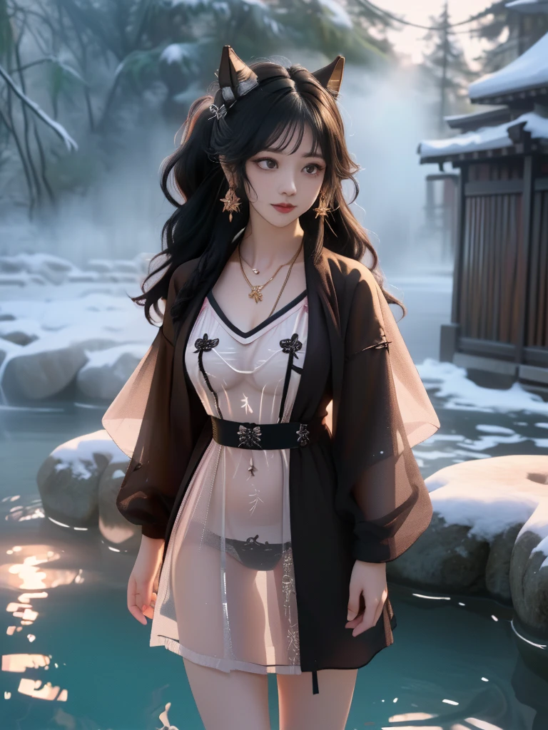 ((A woman)), 美丽脸庞的Sexy中国华裔女明星, Wearing black underwear, Wearing transparent clothes, (((Light theme, Exposing the subject, Sexy主题)))
((Transparent clothes: 1.5), (Revealing clothes: 1.5),  (Wet clothes:1.0), (Color of clothes: Pink), ((Wearing transparent clothing)))
(((night, Private hot spring, Surrounded by fog, Dense bamboo forest, Standing in the water, Snow Scene))),
((desktop:1.0), (Highest quality:1.0), (high resolution:1.2), (Reality:1.0))
((8K Ultra HD, 8K, 超high resolution, Best quality, Super Fine, Clear focus. Masterpieces, complete pattern, Ultra HD, Detailed photos, Best image quality，Ultra-clear，Delicate facial features，Well-defined, Highly rated works, Close-up depth of field photography, Above the knee, Symmetrical character)), 
((Creating the image of a real girl), Realistic shadows, Soft lighting, Dynamic Angle, Dynamic poses, Elegant Posture, Cowboy lens, Full body front view, Be confident, Facing the camera, Eyes looking towards camera lens, Standing posture, Open your legs slightly, Golden Ratio Graphics, Minimalism, Center the character), 
( Smile, Sexy的, Balanced Eyes, Realistic eyes, Beautiful details of the eyes,Pretty Face, (Realistic face), Normal facial features, Realistic skin, Pay attention to skin details, Skin is clean and radiant, Whitening, Anatomically correct body, Golden ratio figure, Sexy的身材), 
(Perfect makeup, Gloves, earrings</input></xml>, bracelet, necklace, Jewelry, Hair accessories, shawl, sock, Knee socks, 吊garter, Leg ring, garter, 腿部garter), 
((beautiful hair), Dark black hair, Wavy curly hairstyle, Waist-length hair, Messy Hairstyle, Gradient hairstyles, Cyberpunk Hairstyle, High double ponytail hairstyle), 
(Sexy的, Perfect breast shape, Teardrop chest shape, Snow-white breasts, Very detailed breasts, 34C cup), 
(Super high waist, Deep V, Low-cut, Sexy, Flattering, Open crotch, (Clear camel toe, (High fork strangulation))),
(((Clear outline, Clear underwear, 透明Sexy的穿着)))