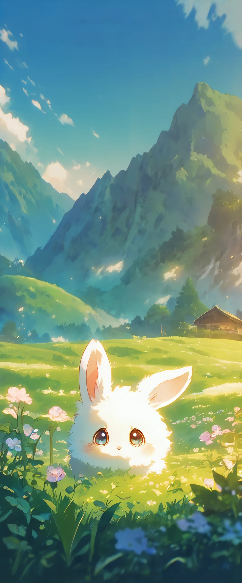 Create a close-up, animated illustration of a fluffy baby bunny sitting in a field of clover. Emphasize the soft fur, big eyes, and twitching nose of the bunny. The background should be a gentle blur of greenery, highlighting the cuteness and innocence of the baby bunny, by makoto shinkai, anime beautiful peace scene, beautiful anime scene, anime background art, anime landscape wallpaper, anime countryside landscape, anime art wallpaper 4 k, anime art wallpaper 4k, beautiful anime scenery, anime art wallpaper 8 k, amazing wallpaper , Ultrawide cozy