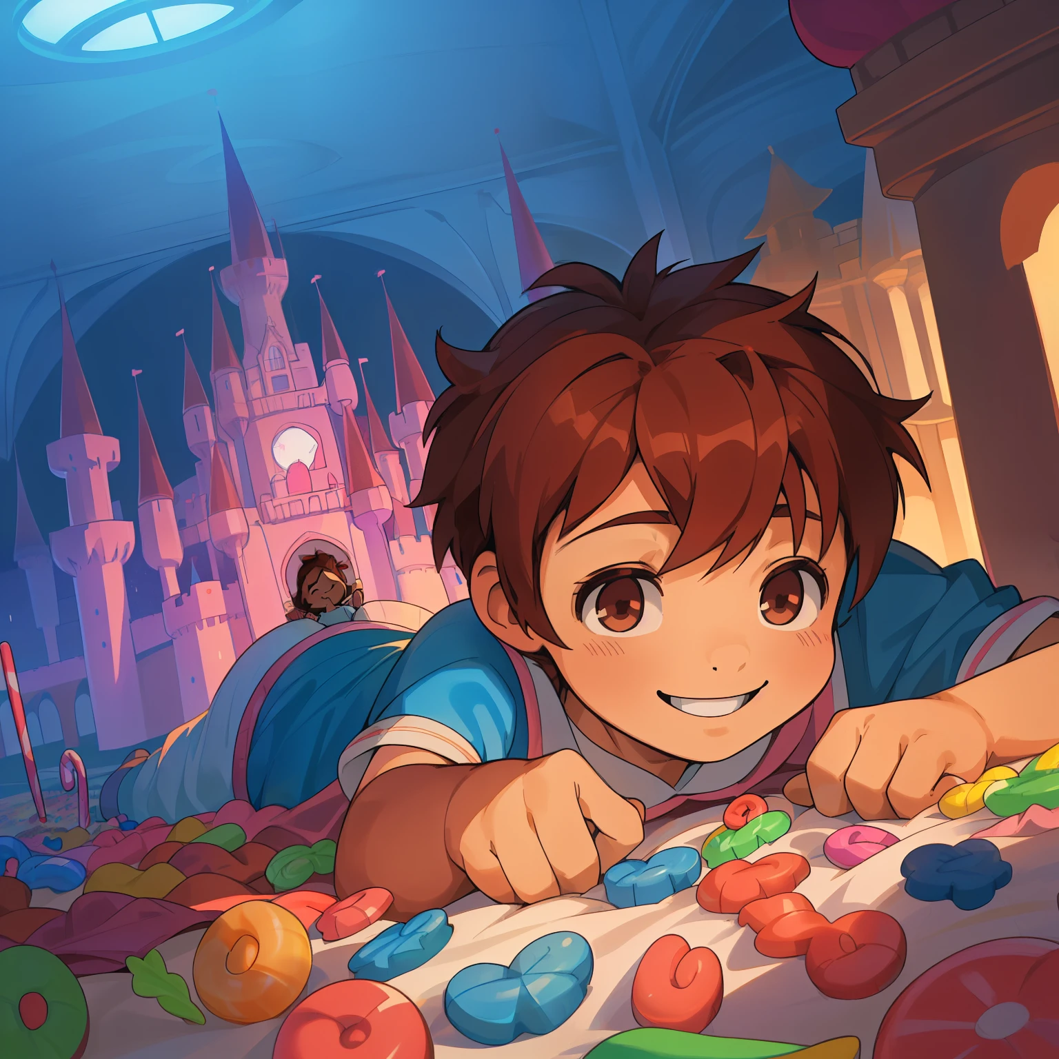 ((( boy with brown hair and an innocent smile in a candy castle))), ((amazed and smiling in a surreal dream world setting)), ((wearing a 1950s toddler&#39;s sleepsuit)), ((((cartoon style, technicolor)))), ((he is flying through the skies and encountering flying fish)),