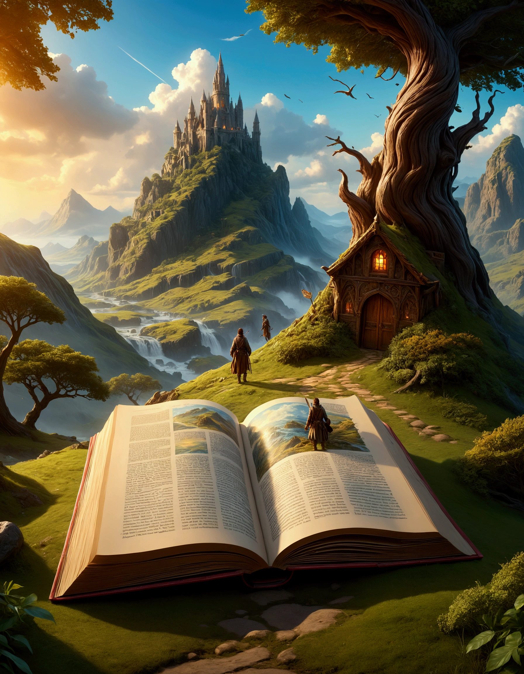 a fantasy book with giant pages, adventurers emerging from the pages, windblown pages, detailed fantasy landscape, cinematic lighting, dramatic atmosphere, vibrant colors, digital art, concept art, highly detailed, photorealistic, (best quality,8k,highres,masterpiece:1.2),ultra-detailed,(realistic,photorealistic,photo-realistic:1.37),dramatic lighting,vivid colors,fantasy art