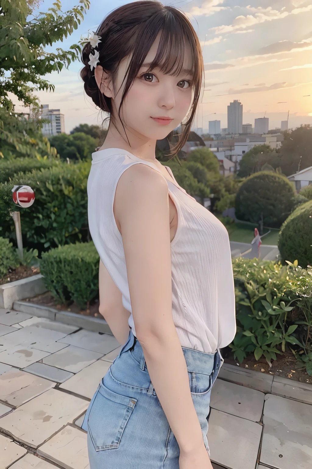 8K, RAW Photo, Best Quality, Masterpiece, Realistic, PhotoRealistic, Extremely Detailed 8K Wallpaper, (Beautifully Detailed Eyes), Finely Detailed Face, 
 BREAK 
Professional Lighting, (Moody Directional Lighting to Breasts), 
 BREAK 
A Girl in Strong Backlight is Looking at the Outside from the Fourth-floor Window of the School Building:1.1, 
 BREAK 
Perfectly Anatomically Correct:1.1, 5 Beautiful finger:1.1, 
 BREAK 
1 Girl, Very Short Hair Bun:1.1, Japanese, (Kawaii), Wide-Set Eyes, Very White Skinned, Blush, Embarrassed, 17-Year-Old, 
Small Breasts, (Upturned Beautiful Spherical Ball Shape Buttocks, Medium ASS), 
(Captivating Eye Reflections), 
Brown Hair, Wet Hair:1.1, Messy Hair, 
Ecstasy, Light Smiling, Pouted Cheek, Open Mouse Slightly, 
(Wearing SHIMAMURA White Camisole + SHIMAMURA Blue Short Pants), 
Looking Back Viewer, 
 BREAK 
[SFW:1.0], 
 BREAK 
Eye Focus:1.0, (50mm Lens), 
from Behind:1.0, from Left Side, Dynamic Angle, Feet Out of Frame, 
Bokeh:1.1