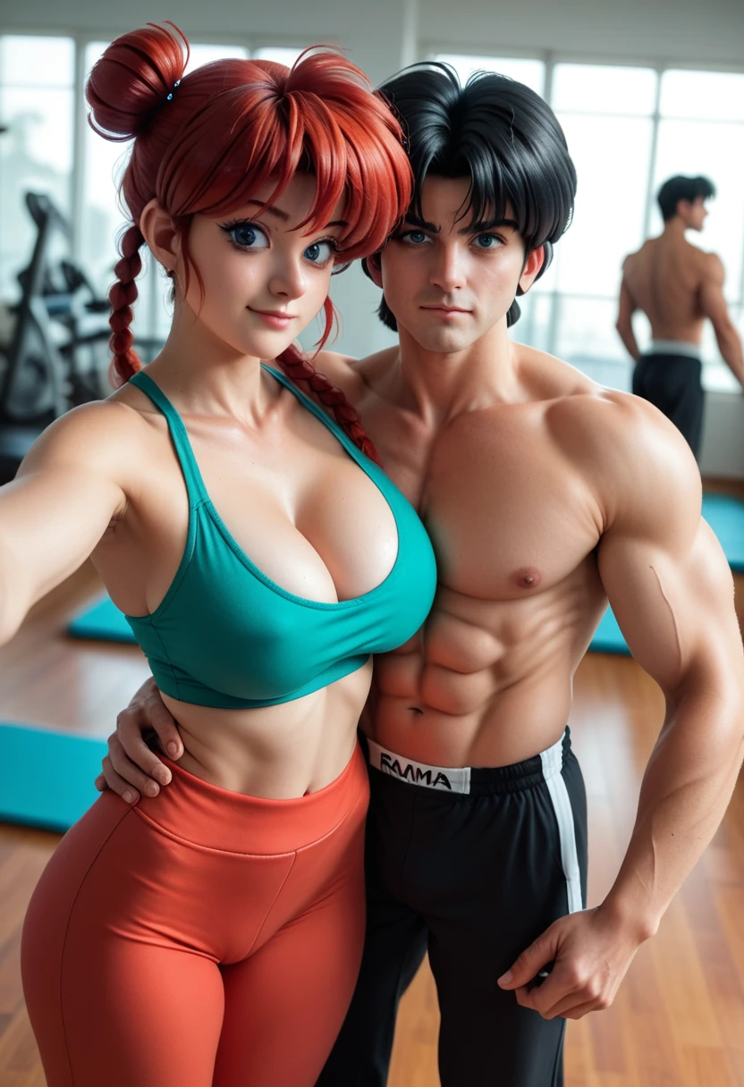 a couple selfie, hug, selfie, ranma girl and ranma boy in a selfie, ((Ranma Chan, redhead girl, large breast, big ass, thick thighs, wide hips))(a couple selfie)((Ranma Saotome, male, handsome, abs, yoga wear, boy black hair))(ranma girl and ranma male) ultra-detailed, realistic, photorealistic, photo-realistic:1.37, extremely detailed eyes and face, vivid colors, bokeh, yoga wear,