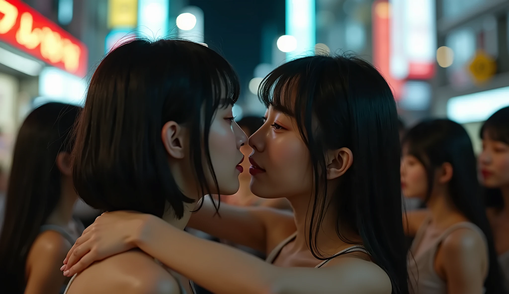 A Japanese girl violently kisses a girl while they are naked and with big breasts, while she is naked with transparent clothes and a very large breast