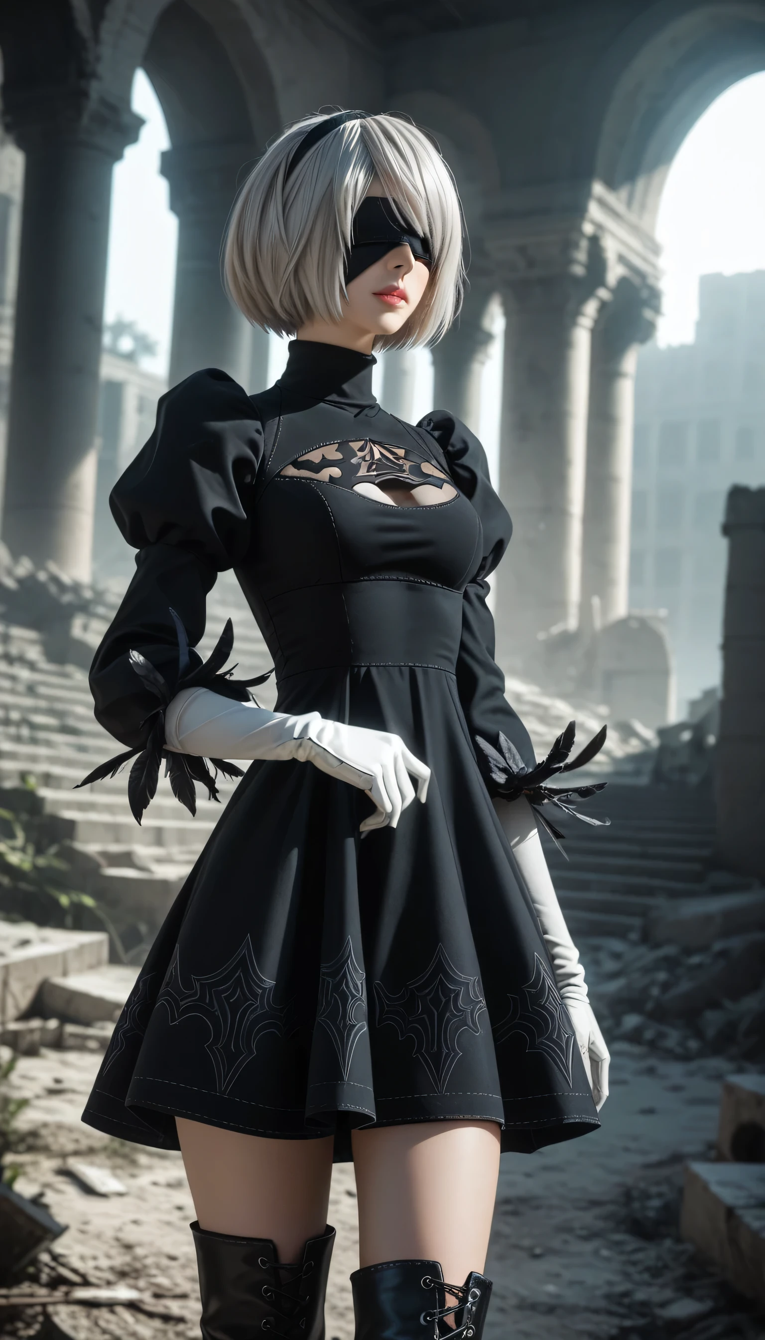 score_9, score_8_up, score_7_up, 32k,masterpiece, highest quality, 
photo realistic, vibrant colors, chiaroscuro lighting, cinematic lighting,
a woman, nier automata 2B inspired,
bob cut, gray hair, bangs, blindfold, pink lips, black goth dress, long sleeve, Juliet sleeve, white gloves, turtleneck, feather ornament, feather ornament sleeves, black leather boots, 
ruins, a ruined world, a devastated battlefield, picturesque, beautiful scenery, fantastic night sky,
seductive pose, cinematic angle,