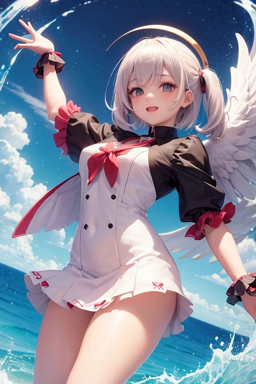 1girl, flat chest, short hair, white hair, ahoge, messy hair, payot, twintails, short twintails, animal ears, animal ear fluff, bat ears, bangs, hair between eyes, bat hair ornament, seductive smile, empty eyes, red eyes, glowing eyes, black dress, short dress, pleated skirt, hooded jacket, white jacket, open jacket, open clothes, white hood, hood down, long sleeves, wide sleeves, sleeves past wrists, sleeves past fingers, white thighhighs, zettai ryouiki, boots, white footwear, Clear sky, blue ocean, white stone cliffs, green grass fields, gray stony beach, hillside covered with trees, white and pale pink flowers, brightly colored houses, winding small roads, masterpiece, best quality, official art, extremely detailed CG unity 8k wallpaper, artbook, yuzu-soft, kobuichi, muririn,