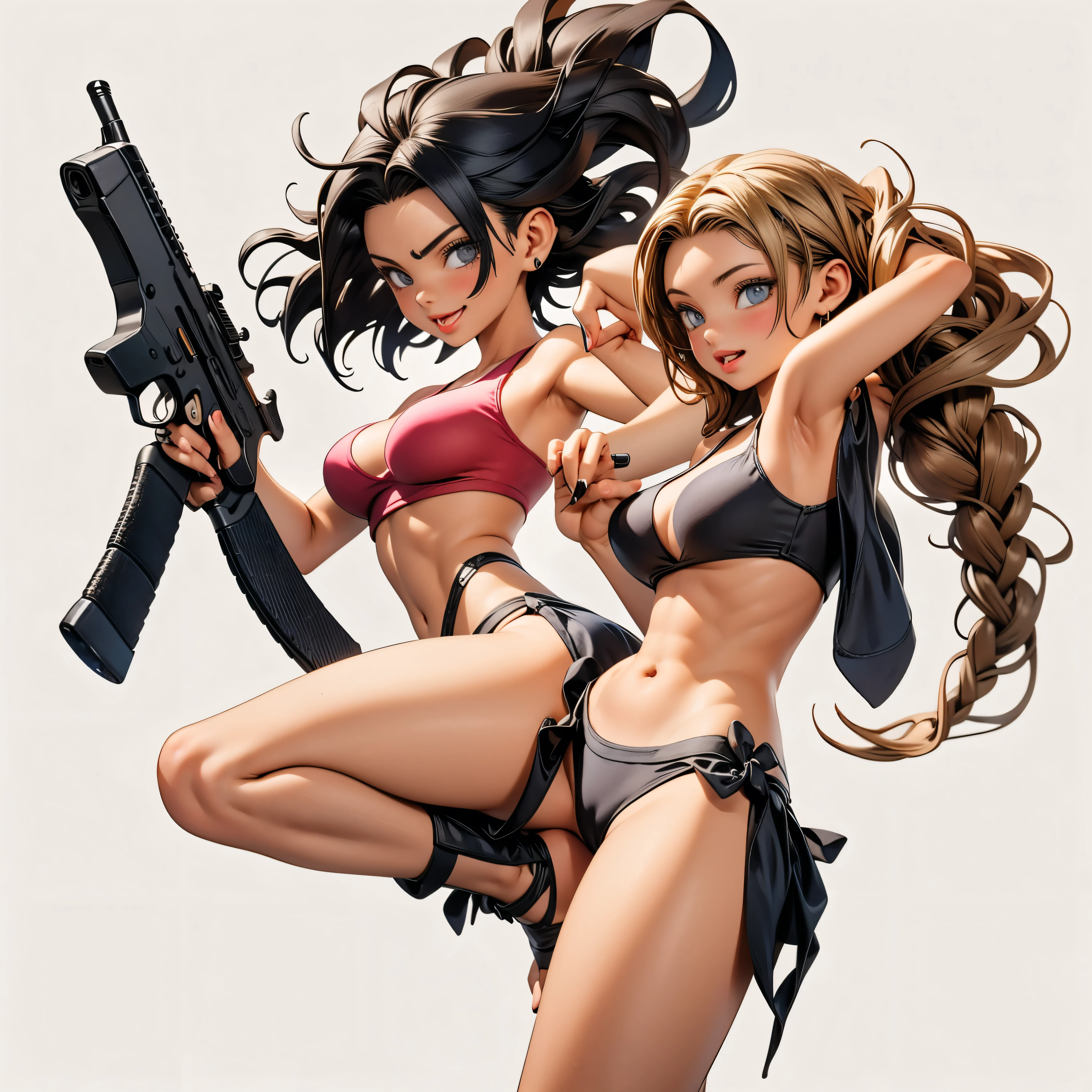 Sexy woman, holding p90 smg, dynamic pose, powered up and powering up gun