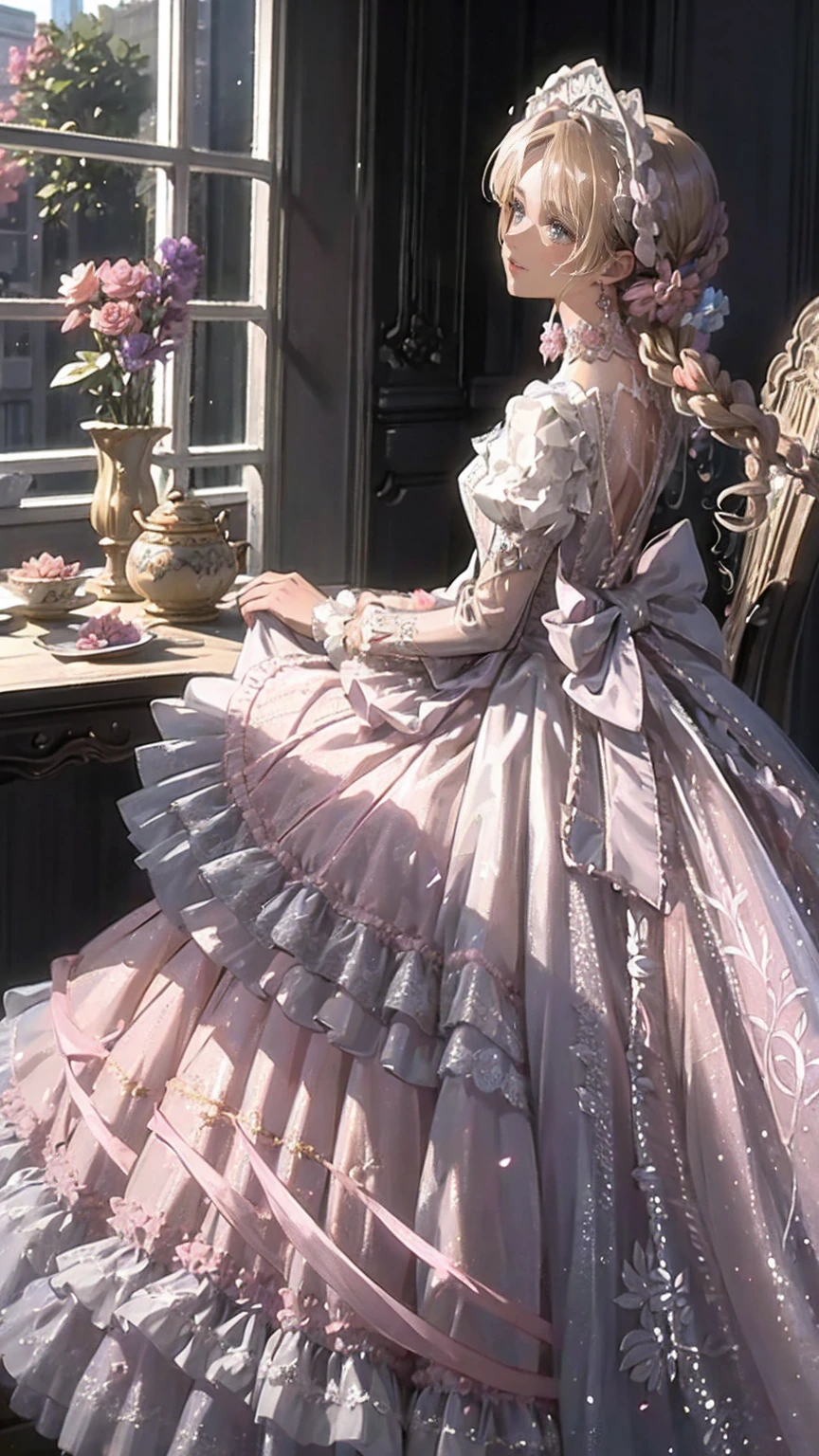 ((masterpiece)), (Highest quality), (Simple style), Pink sheer dress, Butterfly Heart, Pleated lace, edwardian lace dress.