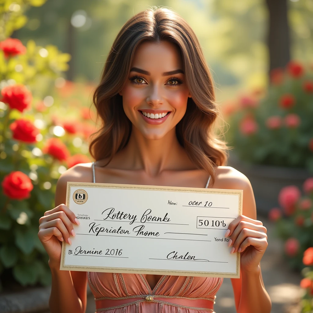 Beautiful and smiling Latin woman in a short red dress with a low neckline with her right hand extended in front of her holding a large gold coin with the text CLD in capital letters, Embossed gold color with black outline 3D realistic style without background