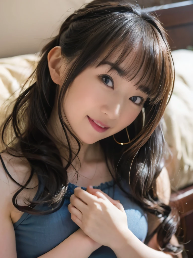 ultra HD, masterpiece, Highest quality, Just One Girl, very pretty, Detailed eyes, Long Hair,bangs,hug,camisole,exact number of fingers,flat on back:1.2,on the bed,stop the blow,entice