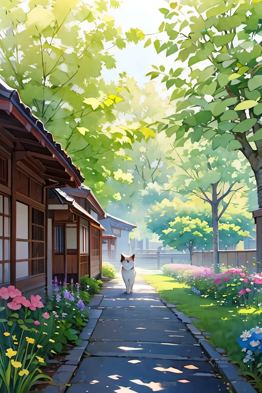 (masterpiece),(Best Quality),(Very detailed),(High resolution),((Line art)),((watercolor)),16k,wallpaper,三毛猫のVery detailedな絵、Insane Details、Very detailed猫、My house where a calico cat roams、Calico Munchkin cat walking on the promenade、Old townscape of Japan、A path lined with plants、tree々Sunlight passing through、Another World、The creation of silence、Long Shot、The target is small、