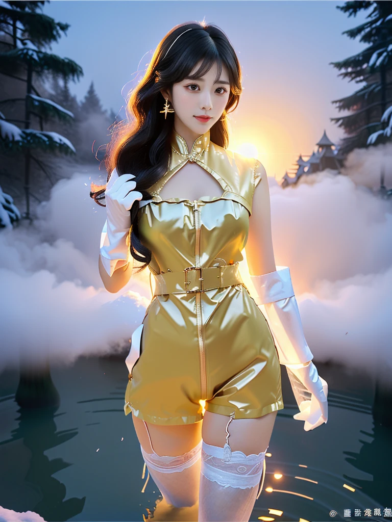 ((A woman)), 美丽脸庞的Sexy中国华裔女明星, Wearing black underwear, Wearing transparent latex clothes, (((Light theme, Exposing the subject, Sexy主题)))
(((night, Private hot spring, Surrounded by fog, Dense bamboo forest, Standing in the water, Snow Scene))),
((desktop:1.0), (Highest quality:1.0), (high resolution:1.2), (Reality:1.0))
((8K Ultra HD, 8K, 超high resolution, Best quality, Super Fine, Clear focus. Masterpieces, complete pattern, Ultra HD, Detailed photos, Best image quality，Ultra-clear，Delicate facial features，Well-defined, Highly rated works, Close-up depth of field photography, Above the knee, Symmetrical character)), 
((Creating the image of a real girl), Realistic shadows, Soft lighting, Dynamic Angle, Dynamic poses, Elegant Posture, Cowboy lens, Full body front view, Be confident, Facing the camera, Eyes looking towards camera lens, Standing posture, Open your legs slightly, Golden Ratio Graphics, Minimalism, Center the character), 
( Smile, Sexy的, Balanced Eyes, Realistic eyes, Beautiful details of the eyes,Pretty Face, (Realistic face), Normal facial features, Realistic skin, Pay attention to skin details, Skin is clean and radiant, Whitening, Anatomically correct body, Golden ratio figure, Sexy的身材), 
(Perfect makeup, Gloves, earrings</input></xml>, bracelet, necklace, Jewelry, Hair accessories, shawl, sock, Knee socks, 吊garter, Leg ring, garter, 腿部garter), 
((beautiful hair), Dark black hair, Wavy curly hairstyle, Waist-length hair, Messy Hairstyle, Gradient hairstyles, Cyberpunk Hairstyle, High double ponytail hairstyle), 
(Sexy的, Perfect breast shape, Teardrop chest shape, Snow-white breasts, Very detailed breasts, 34C cup), 
(Super high waist, Deep V, Low-cut, Sexy, Flattering, Open crotch, (Clear camel toe, (High fork strangulation))),
(((Clear outline, Clear underwear, 透明Sexy的穿着)))