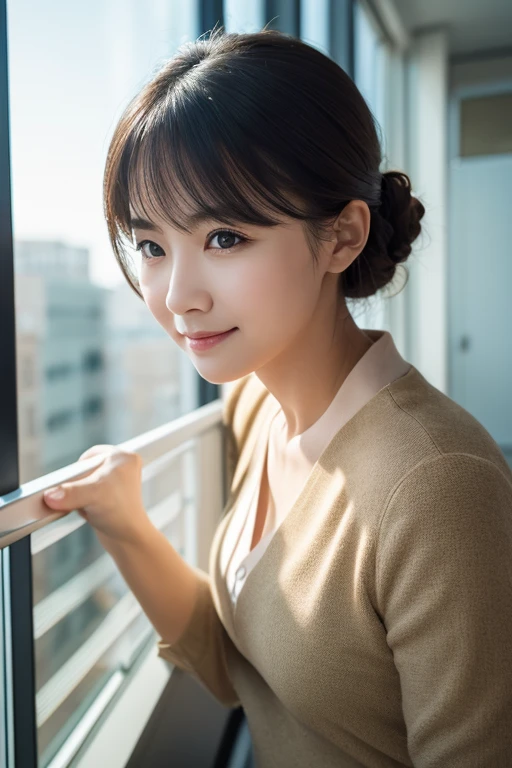 (highest quality,masterpiece:1.3,Ultra-high resolution),(Very detailed,Caustics,8k),(Realistic:1.4,RAW shooting),1 girl,(smile and look down at the camera),(Front shot:1.1),(look forward to),18-year-old,cute,Japanese,Black short ponytail,,glamorous,(big ),( close),street,sunlight,Natural light,sunlight,Professional Writing,(Cowboy Shot),(Low position:1.3),(Low Angle:1.3)