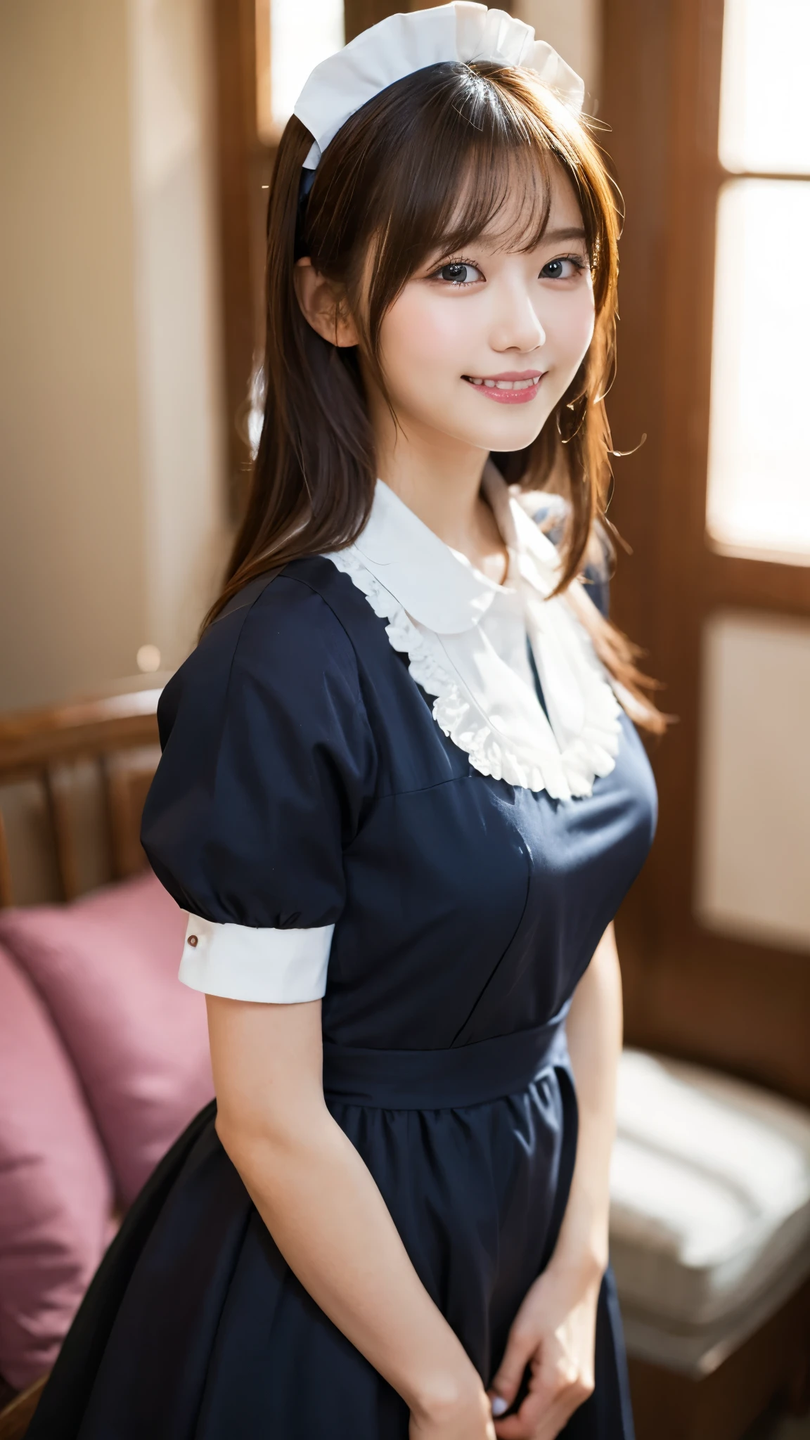 (black long maid cloth:1.3, Long Sleeve Ruffled, White maid apron, White prim head), (sitting with knees arised, see panties through the hem of skirt, crotch:1.3), (full length, whole body, Turn your body to the front), (black hair, 16 years old, (slim waist and large breasts style, short height:1.2), short bob hair, aqua eyes, blush stickers, one little star earring, lively eyes, younger sister girl, round face, eyebrows downward, light blush, Look at viewers, affectionate cute, cute girl, surreal high school girl, Look at viewers, smile, Hinano Himeno), (Surrealism, natural lighting, depth of field, Nikon, 8k, super detail, masterpiece, high details, anatomically correct, award winning), On a plush bed, pov from down, look at the viewer