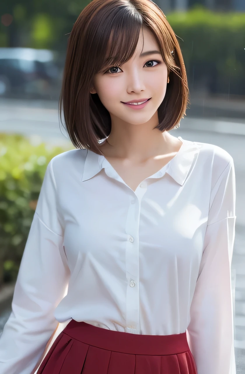 (top-quality、8K、32K、masterpiece、nffsw:1.2)、Photo of a cute Japanese woman、middlebreasts、((Wolf cut hair))、Brown-haired shorthair,FULL BODYSHOT、sface focus、Oversized white shirt、From above、looking at the viewers、well-muscled,A slender,High Style,high-level image quality、The background is in the city、Gentle eyes、22year old,Official art,(Side),A detailed face(Face like the real thing),detailed hairs,Realistic skin,Fine-grained skin(realskin)Beautiful detailed eyes,Realistic eyes,profetional lighting,Beautiful skin,Beautiful face,foco nítido,Street background(Awesome view backgrounds),Raw foto,A slight smil,Slim body