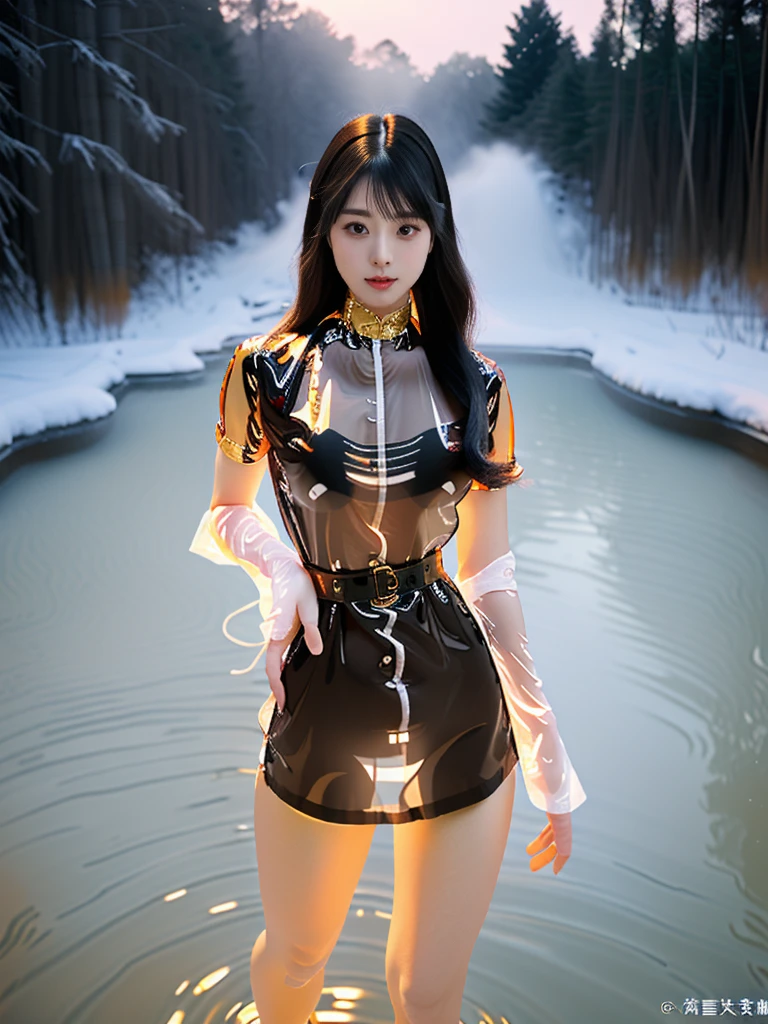 ((A woman)), 美丽脸庞的Sexy中国华裔女明星, Wearing black underwear, Wearing transparent clothes, (((Light theme, Exposing the subject, Sexy主题)))
((Transparent latex clothing: 1.5), (Revealing clothes: 1.5),  (Wet clothes:1.0), (Color of clothes: Pink), ((Wearing transparent clothing)))
(((night, Private hot spring, Surrounded by fog, Dense bamboo forest, Standing in the water, Snow Scene))),
((desktop:1.0), (Highest quality:1.0), (high resolution:1.2), (Reality:1.0))
((8K Ultra HD, 8K, 超high resolution, Best quality, Super Fine, Clear focus. Masterpieces, complete pattern, Ultra HD, Detailed photos, Best image quality，Ultra-clear，Delicate facial features，Well-defined, Highly rated works, Close-up depth of field photography, Above the knee, Symmetrical character)), 
((Creating the image of a real girl), Realistic shadows, Soft lighting, Dynamic Angle, Dynamic poses, Elegant Posture, Cowboy lens, Full body front view, Be confident, Facing the camera, Eyes looking towards camera lens, Standing posture, Open your legs slightly, Golden Ratio Graphics, Minimalism, Center the character), 
( Smile, Sexy的, Balanced Eyes, Realistic eyes, Beautiful details of the eyes,Pretty Face, (Realistic face), Normal facial features, Realistic skin, Pay attention to skin details, Skin is clean and radiant, Whitening, Anatomically correct body, Golden ratio figure, Sexy的身材), 
(Perfect makeup, Gloves, earrings</input></xml>, bracelet, necklace, Jewelry, Hair accessories, shawl, sock, Knee socks, 吊garter, Leg ring, garter, 腿部garter), 
((beautiful hair), Dark black hair, Wavy curly hairstyle, Waist-length hair, Messy Hairstyle, Gradient hairstyles, Cyberpunk Hairstyle, High double ponytail hairstyle), 
(Sexy的, Perfect breast shape, Teardrop chest shape, Snow-white breasts, Very detailed breasts, 34C cup), 
(Super high waist, Deep V, Low-cut, Sexy, Flattering, Open crotch, (Clear camel toe, (High fork strangulation))),
(((Clear outline, Clear underwear, 透明Sexy的穿着)))