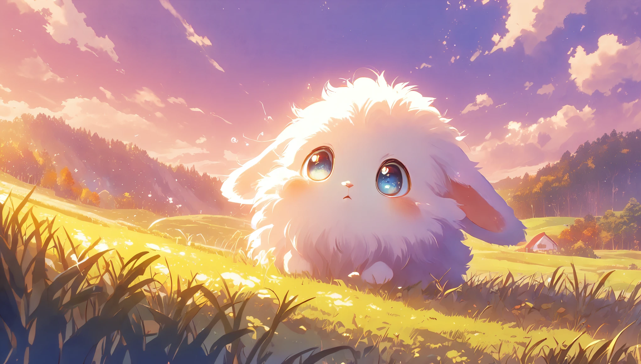 Create a close-up, animated illustration of a fluffy baby bunny sitting in a field . Emphasize the soft fur, big eyes, and twitching nose of the bunny. The background should be a gentle, highlighting the cuteness and innocence of the baby bunny, by makoto shinkai, anime beautiful peace scene, beautiful anime scene, anime background art, anime landscape wallpaper, anime countryside landscape, anime art wallpaper 4 k , anime art wallpaper 4k, beautiful anime scenery, anime art wallpaper 8 k, amazing wallpaper , Ultrawide cozy, Autumn , Fall, Forest