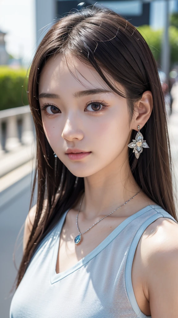 ((masterpiece)), ((photo realistic)), ((highest quality)), (ultra detailed face:1.3), (Japanese girl),  absolutely little tall person, fifteen years old, (fairy-like face:1.3), puffy face, broad jawline, shiny eyes, (no make up:1.3), (ultra detailed face), (flat chest:1.2), messy dark brown short hair, tearful face,  (ultra detailed face), しかめっ面, laugh out loud, casual wear, silver earrings, necklace, (ultra detailed face),  theme park, full body shot from front,