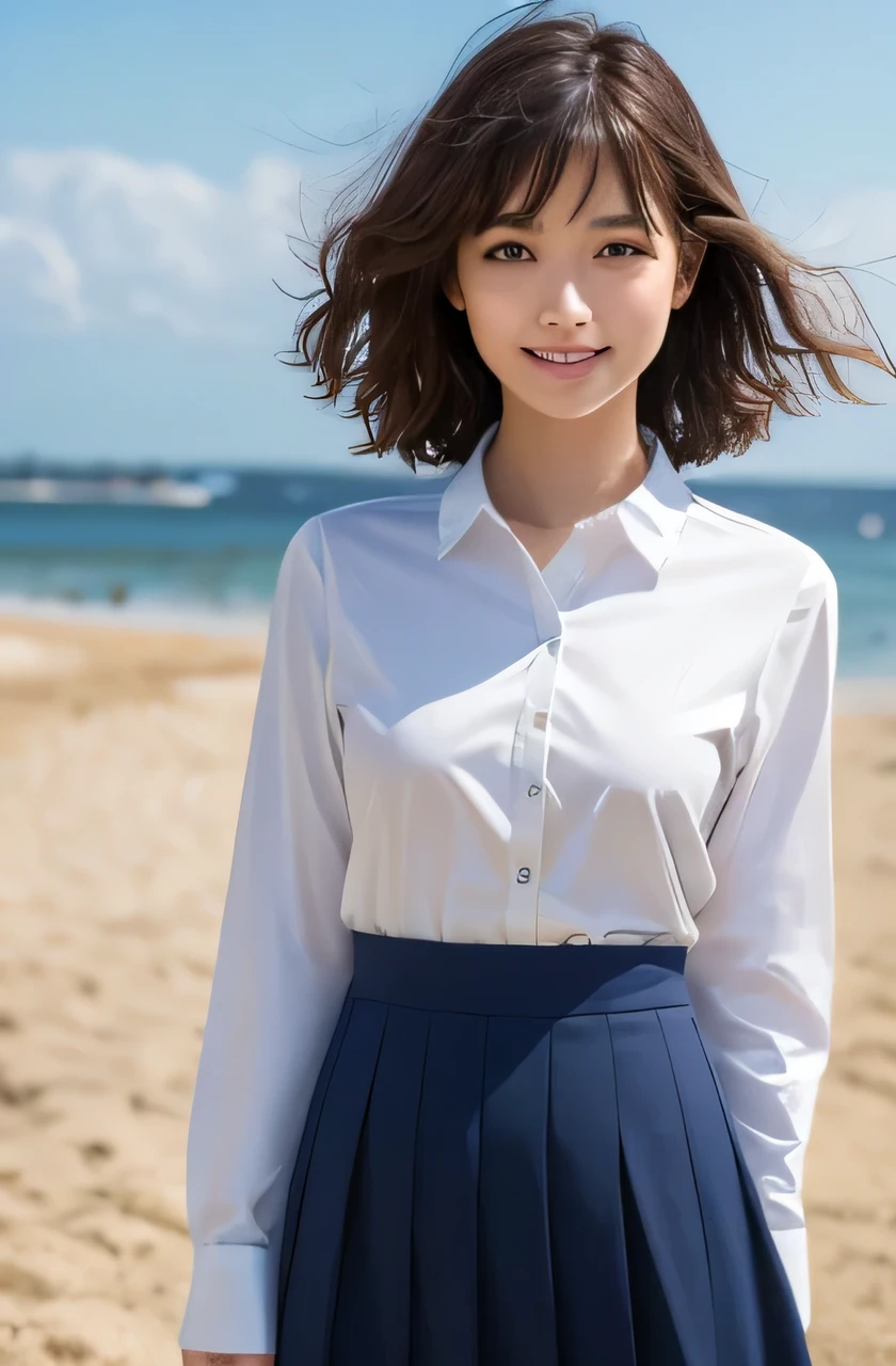 (highest quality、masterpiece、8k、Best image quality、Hyperrealism、Award-winning works)、(High school girl in high school uniform:1.1)、(alone:1.2)、(Polyester collared shirt:1.2)、(Navy Pleated Skirt:1.1)、(Standing Elegantly:1.2)、(最も自然でwide々Standing on a beautiful and perfect beach:1.2)、(wide々Standing on the shore of beautiful waves:1.1)、(Beautiful perfect sandy beach:1.1)、(Beautiful sunny sky:1.1)、(Beautiful thunderclouds:1.1)、Beautiful sea、(透き通って鮮やかなBeautiful sea:1.1)、Complex sea glow、Beautiful seaの詳細が描かれています、(Big Breasts:1.1)、(Accentuate your body lines:1.1)、Accurate anatomy、Perfect Makeup、Long eyelashes、Glossy lips、Ultra HD glossy skin、(Ultra-high resolution, bright and beautiful skin:1.1)、超高精細のGlossy lips、Ultra-high resolution beautiful teeth、(very bright and vivid:1.3)、(Bright sunny sky:1.1)、(Vivid and clear sea:1.1)、(Bright and glowing skin:1.2)