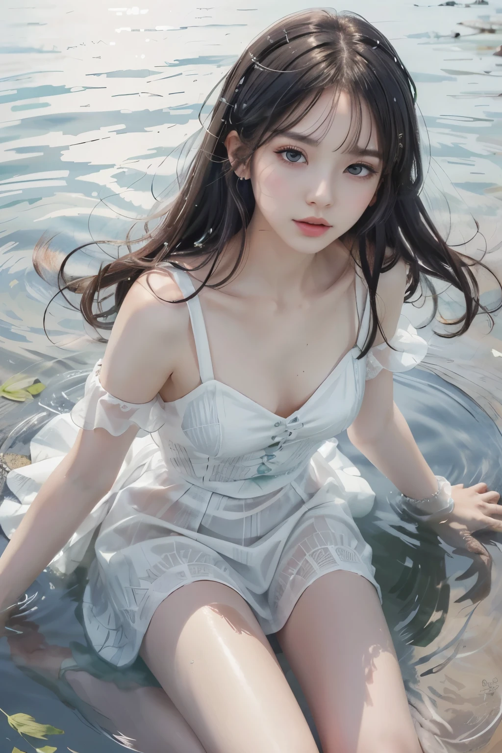 Special clothes58,white dress,pantyhose,green ribbon,striped,, (knee shot) best quality，masterpiece，ultra high resolution，Clear face,（Realism：1.4），RAW photos，cold light，woman wearing transparent dress underwater，wallpaper anime blue water，Gurwitz-style artwork，Close-up fantasy of water magic，author：Yang Jie，Gurwitz，A beautiful artistic illustration，Water Nymphs，Beautiful digital artwork，Beautiful digital illustration，Li Song，A beautiful anime portrait，Bovo&#39;s art style