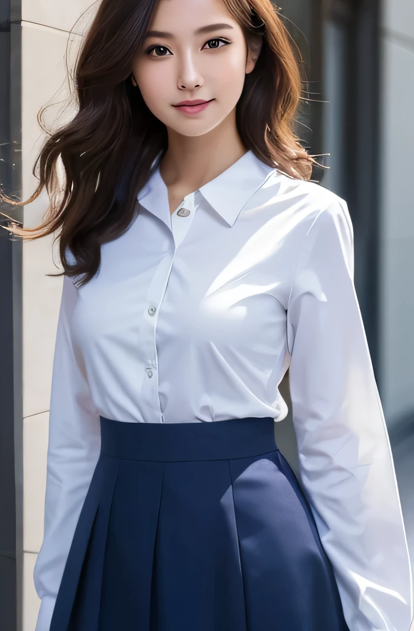 (highest quality、Tabletop、8k、Best image quality、Award-winning works)、One cute high school girl、(White polyester collared shirt:1.1)、(Navy Pleated Skirt:1.1)、Girl portrait photography、Glowing Skin、Brown Hair、Standing Elegantly、(The simplest pure white background:1.1)、(Large Breasts:1.1)、(Accentuate your body lines:1.1)