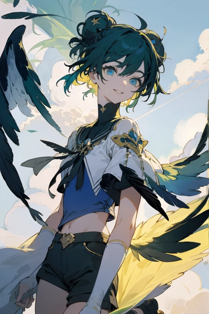 ((Best Quality)), ((masterpiece)), (detailed)Close up of upper body of girl with bird of prey wings,(Green and yellow multicolor,Sky blue inner hair),Short hair with buns on both sides,Narrowed deep blue eyes,Slim and toned body.,boyish,Detachable feather sleeves,Tops made of feathers,Feather shorts,Feather knee-high socks,Feathered Greaves,Above the clouds,blue sky,Floating,Looking sideways at the camera,smile