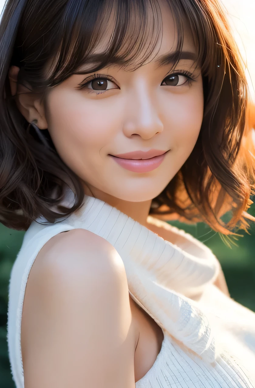 (8k, Realistic:1.4, RAW Photos, Best image quality: 1.4), One Japanese woman, Off-the-shoulder tops, Dark Room, night, Around 60 years old, Aunt, 、Cleavage:1.4, Chest to chest, Sleepy expression, double eyelid, Half-open eyes, Round Nose, Thick eyebrows, Thick lips, Light brown hair, Short cut with lots of hair, Sporty hair, Wearing earrings, Ears hidden by hair