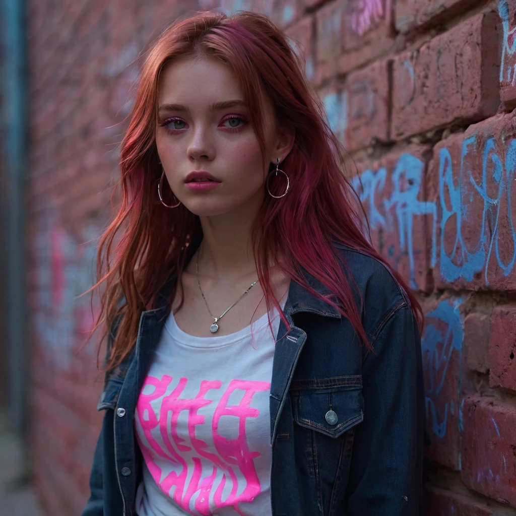 (work of art, best qualityer, 1 girl, standing alone, details Intricate, Chromatic aberration), realisitic, ((Medium Breathment)),long hair, Red hair, red decoration on the head, pink highlights, amber eyes, aretes, sharp eyes, necklase, neon shirt, tear shorts, unbuttoned jacket, high collar, natta, against the wall, brick wall, graffit, Poor lighting, beco, Look at the Beholder