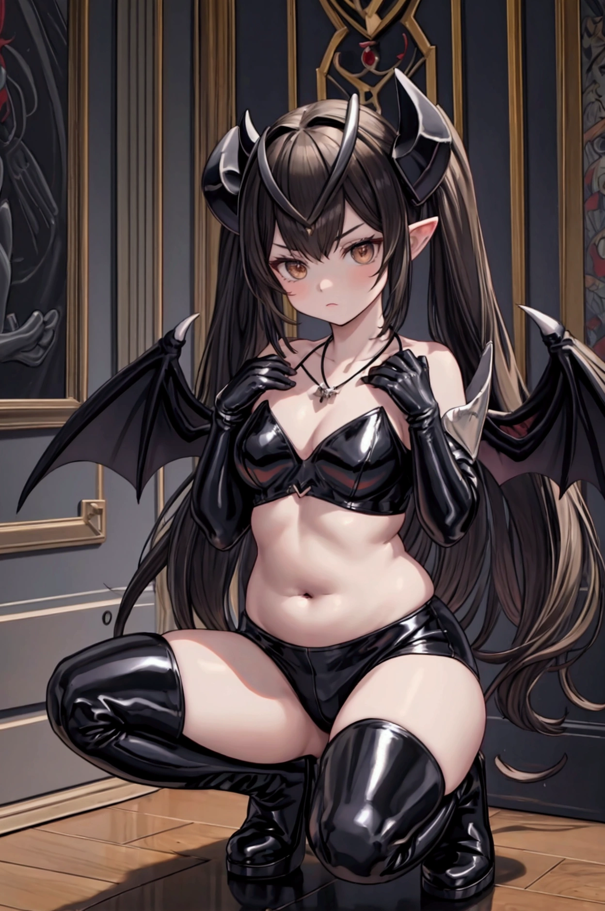 1boy, solo, long hair, looking at viewer, black hair, navel, jewelry, twintails, medium breasts, brown eyes, black gloves, indoors, artist name, black thighhighs, elbow gloves, black footwear, necklace, thigh boots, squatting, demon girl, demon horns, demon wings, leather, latex, figure