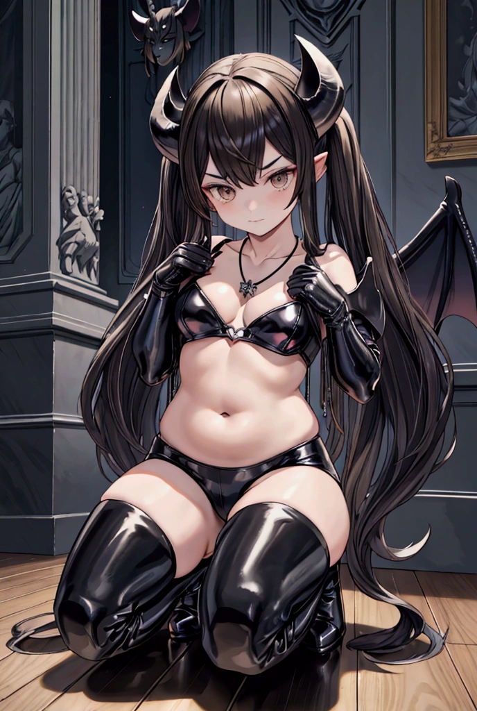 1boy, solo, long hair, looking at viewer, black hair, navel, jewelry, twintails, medium breasts, brown eyes, black gloves, indoors, artist name, black thighhighs, elbow gloves, black footwear, necklace, thigh boots, squatting, demon girl, demon horns, demon wings, leather, latex, figure