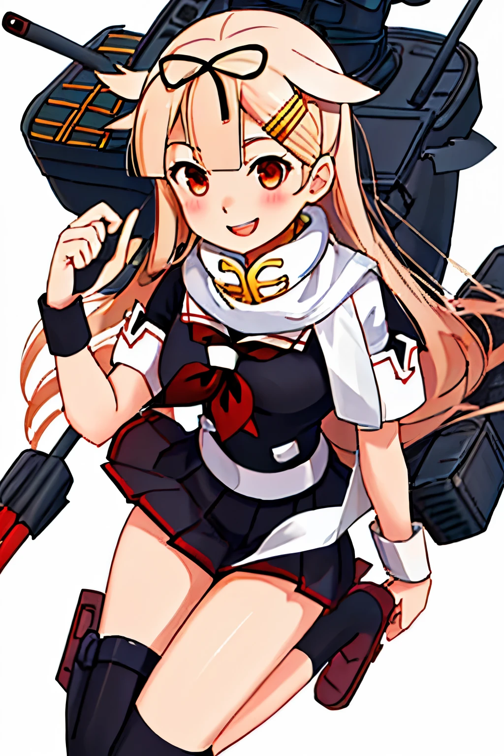 Top quality masterpiece high resolution, 1 girl,  (Yuudachi Kai Ni 　Kantai Collection:1.15), Long Hair, blonde, Red eyes, ribbon,smile, Black Sailor Suit, Pleated skirt, Slender body, Full body portrait,White background