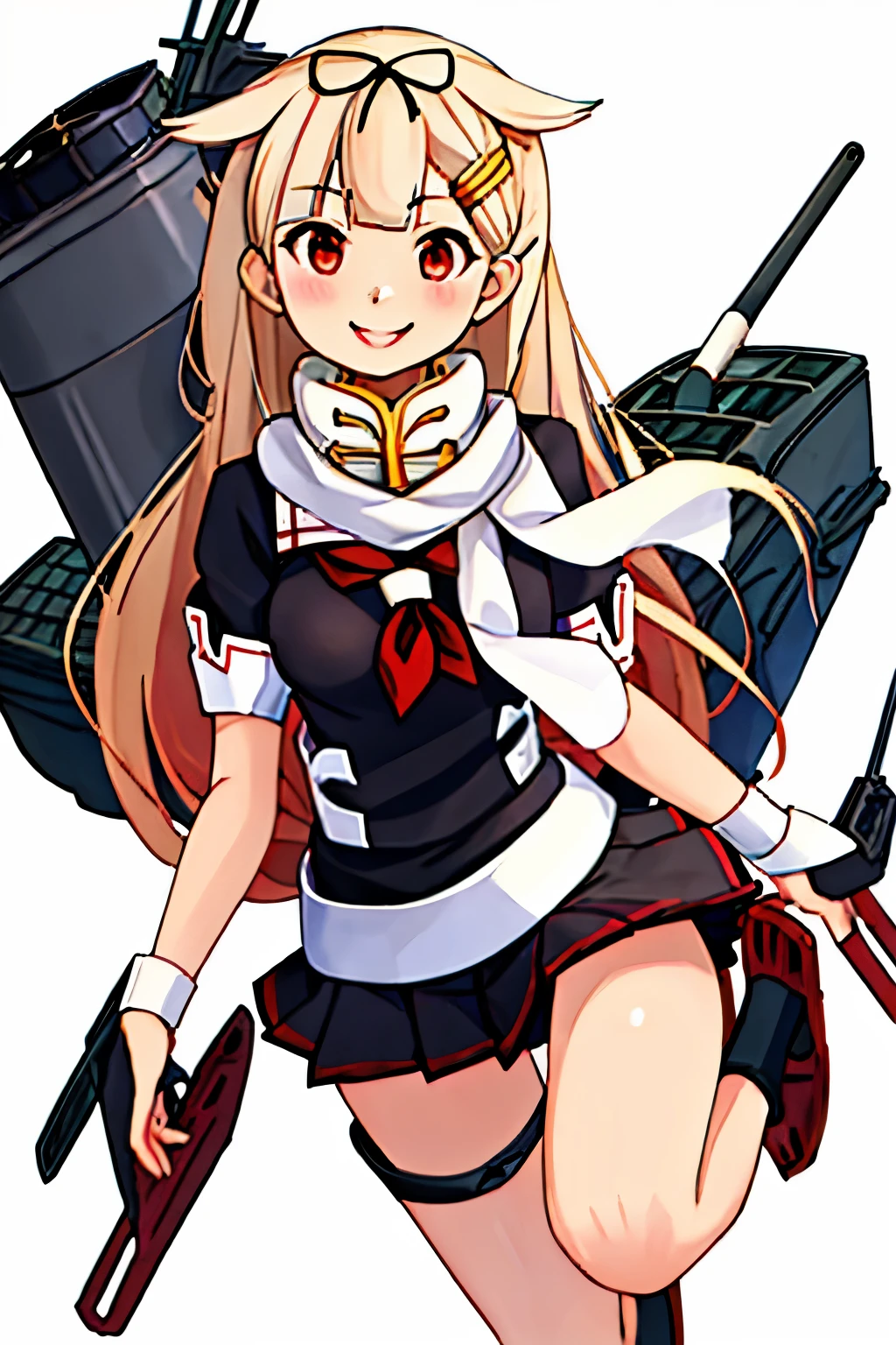 Top quality masterpiece high resolution, 1 girl,  (Yuudachi Kai Ni 　Kantai Collection:1.15), Long Hair, blonde, Red eyes, ribbon,smile, Black Sailor Suit, Pleated skirt, Slender body, Full body portrait,White background