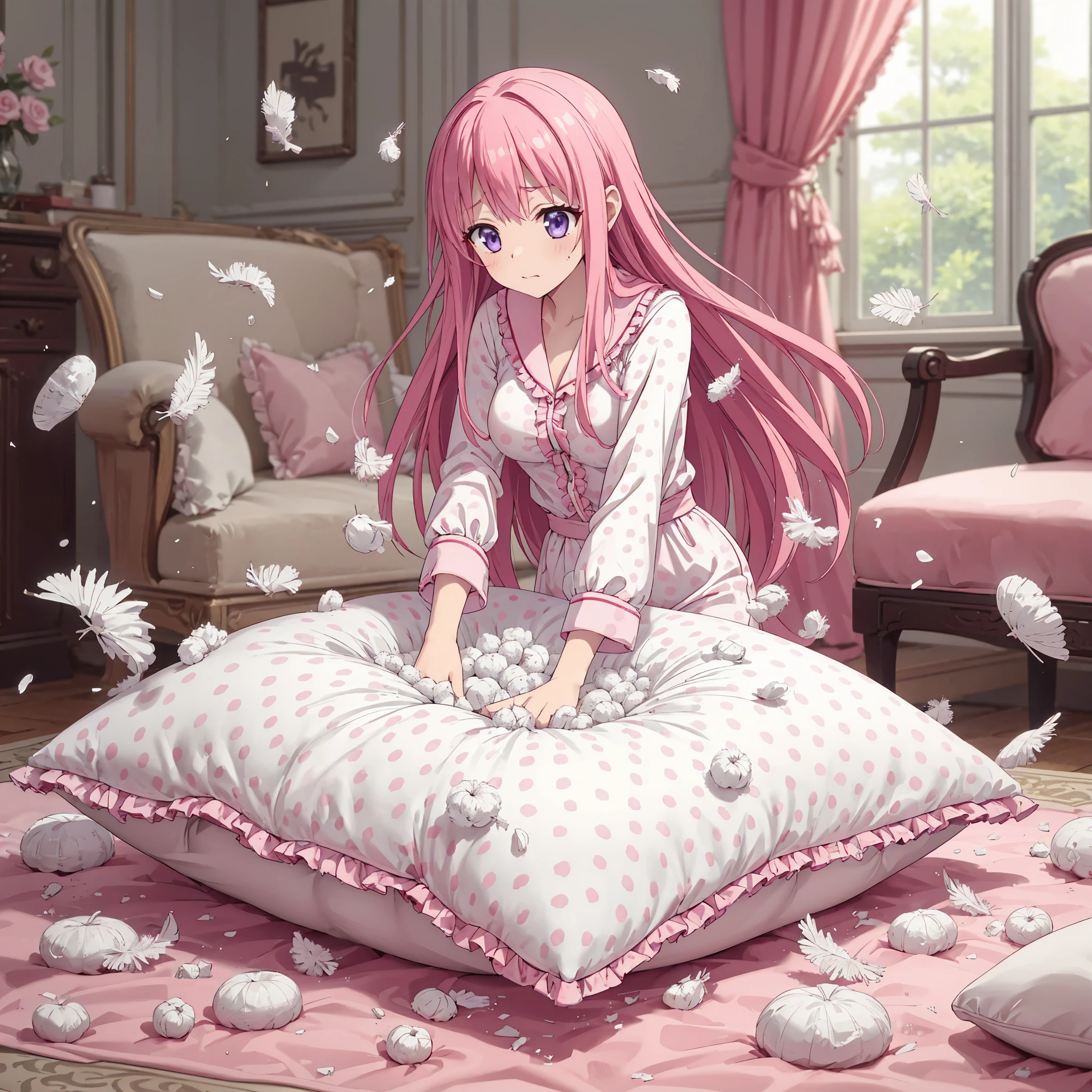 NSFW. a full-body with up perspective of an anime-style purple eyes, pink long hair female kids wearing a white pajama, standing and placing a giant, luxury pattern, frilled white pink polkadot cushion on the floor, tearing and ripping it with both hands until it's completely destroyed and then the stuffing of the cushion is taken and spread out using her hands too. After ruining it, the cushion should be ripping open with feathers and stuffing flying everywhere.The girl should have a ahegao and horny expression, focused on her task. The scene should show her in a luxury and cozy room with many giant, luxury pattern, frilled white pink polkadot square cushion around the floor, with the chaotic explosion of feathes around her, emphasizing the intense action.