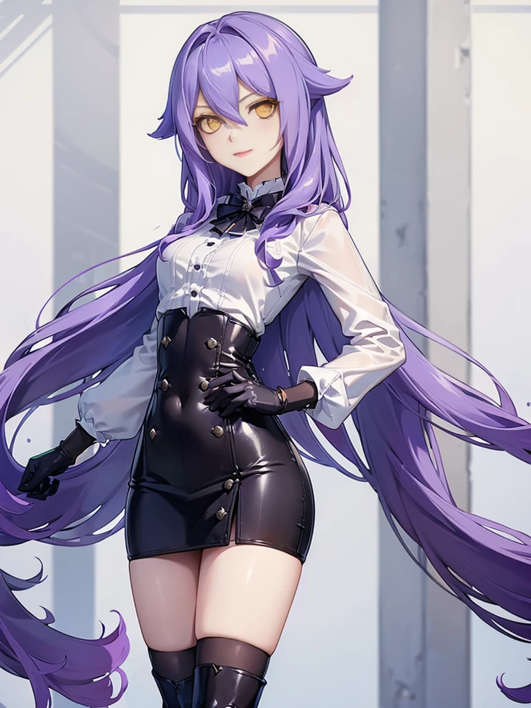 ((Masterpiece)),(( The best quality)), (detailed), expressive eyes, (Perfect face), 1 girl, (standing), (Sirin, Honkai Impact), (long purple hair), (Yellow eyes, ojos detaileds), (sensual lips), (serious expression), showing smile, (slim build), View from the front, holds a pair of hand scissors, choker:1.6, (White collar button-down shirt with white long sleeves), Black gloves, gloves that cover the hands, (black leather corset), (shiny black miniskirt), (black boots), (tailoring), by day