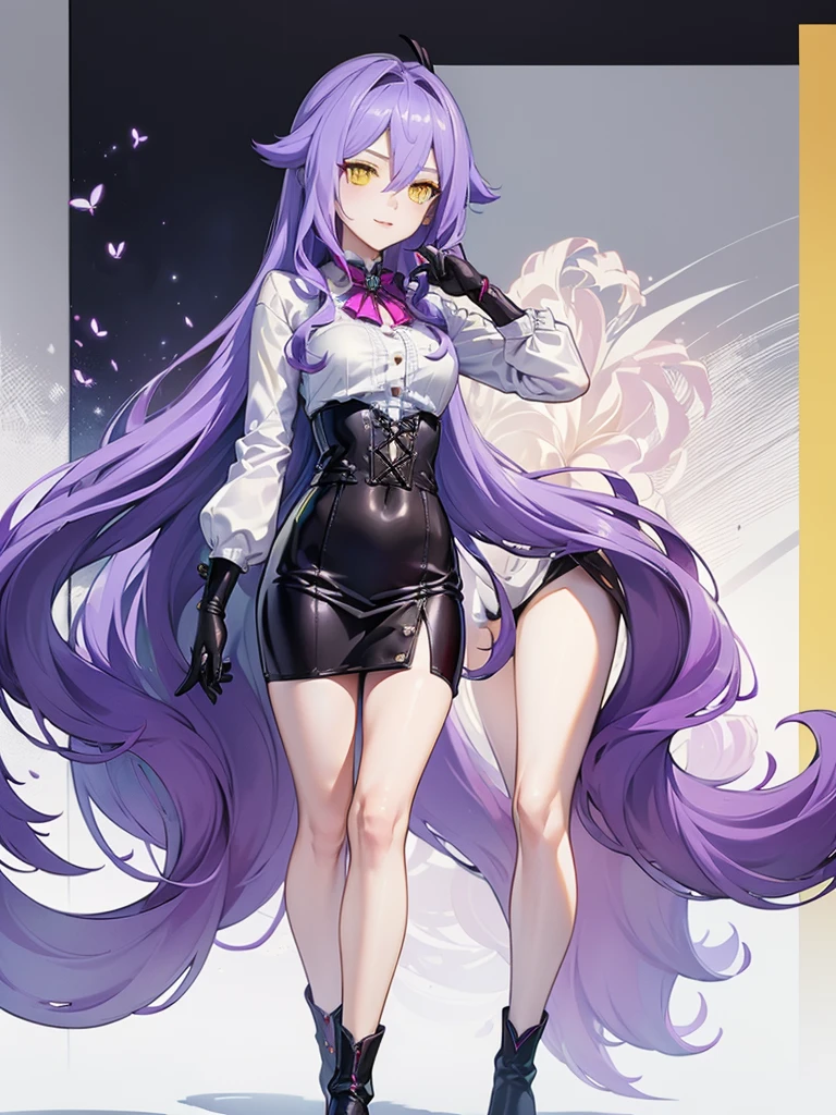 ((Masterpiece)),(( The best quality)), (detailed), expressive eyes, (Perfect face), 1 girl, (standing), (Sirin, Honkai Impact), (long purple hair), (Yellow eyes, ojos detaileds), (sensual lips), (serious expression), showing smile, (slim build), View from the front, holds a pair of hand scissors, choker:1.6, (White collar button-down shirt with white long sleeves), Black gloves, gloves that cover the hands, (black leather corset), (shiny black miniskirt), (black boots), (tailoring), by day