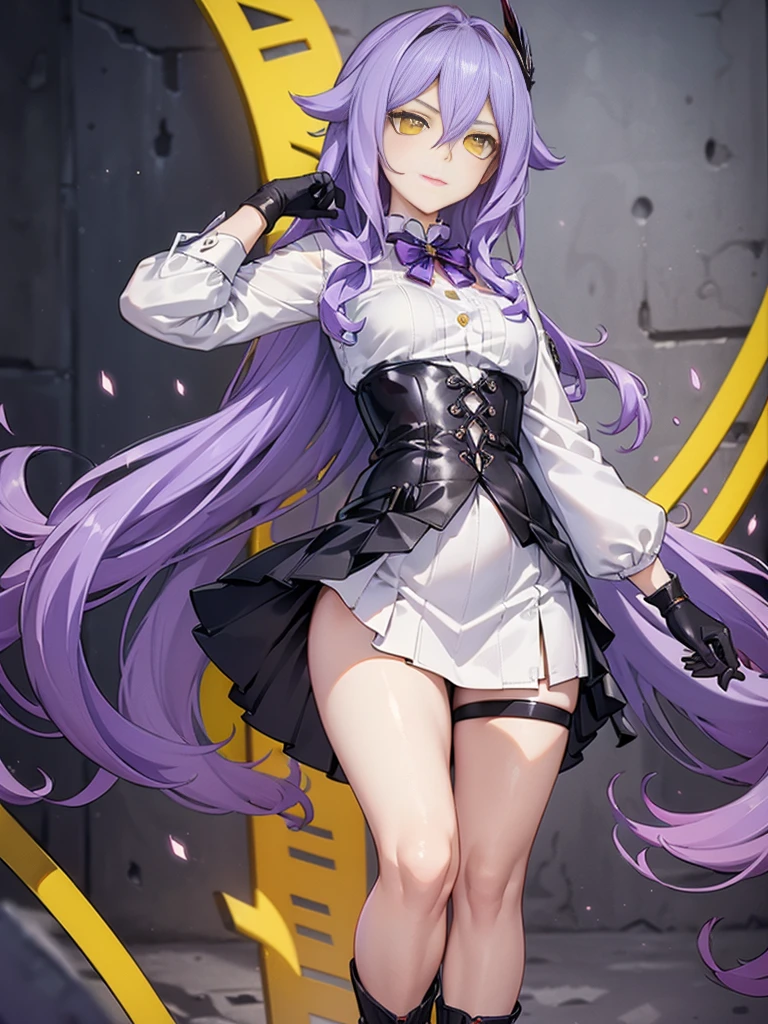 ((Masterpiece)),(( The best quality)), (detailed), expressive eyes, (Perfect face), 1 girl, (standing), (Sirin, Honkai Impact), (long purple hair), (Yellow eyes, ojos detaileds), (sensual lips), (serious expression), showing smile, (slim build), View from the front, holds a pair of hand scissors, choker:1.6, (White collar button-down shirt with white long sleeves), Black gloves, gloves that cover the hands, (black leather corset), (shiny black miniskirt), (black boots), (tailoring), by day