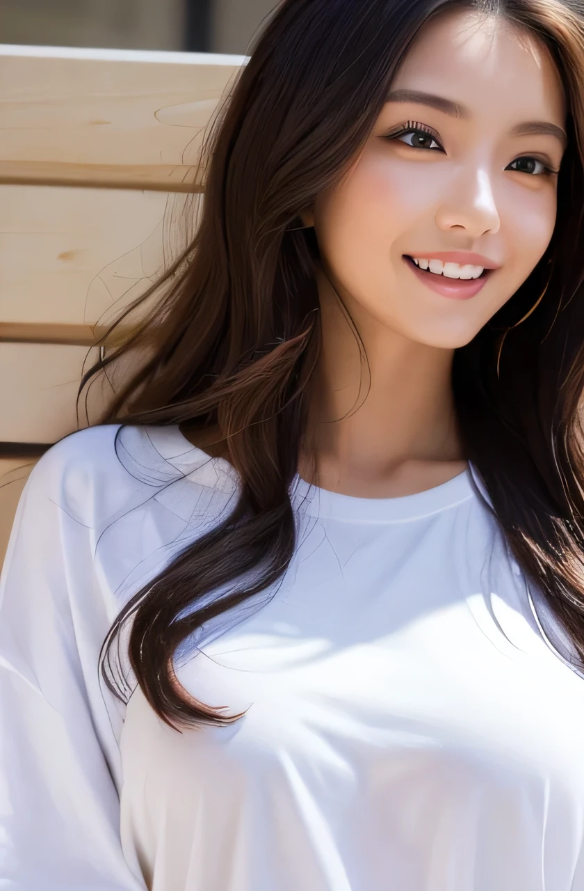 (Vibrant, High resolution:1.3), 1. Have a perfect body, Highly detailed face and eyes,Long Hair, big ,(White short T-shirt、String,,,Brown Skin、Have sunburn marks、 Sexy pose),Grin, Top shot of a woman lying on her back