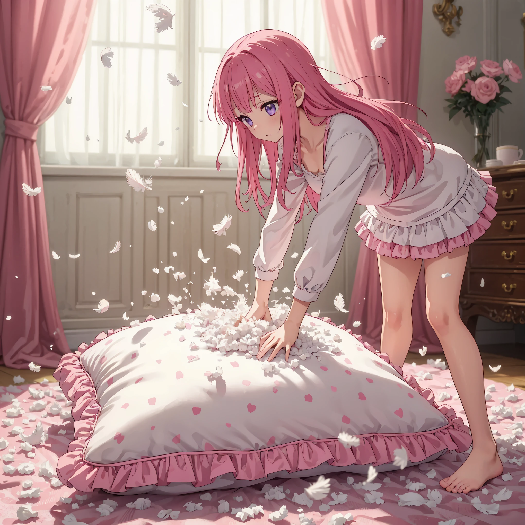 NSFW. a full-body with up perspective of an anime-style purple eyes, pink long hair female kids wearing a white pajama, standing and placing a giant, luxury pattern, frilled white pink polkadot cushion on the floor, tearing and ripping it with both hands until it's completely destroyed and then the stuffing of the cushion is taken and spread out using her hands too. After ruining it, the cushion should be ripping open with feathers and stuffing flying everywhere.The girl should have a ahegao and horny expression, focused on her task. The scene should show her in a luxury and cozy room with many giant, luxury pattern, frilled white pink polkadot square cushion around the floor, with the chaotic explosion of feathes around her, emphasizing the intense action.