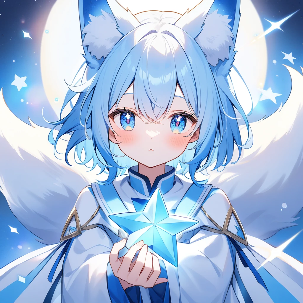 Make a fox half a color of light blue fur fox ears light blue ear and white blue eyes with a star in the eyes plain blue and white 