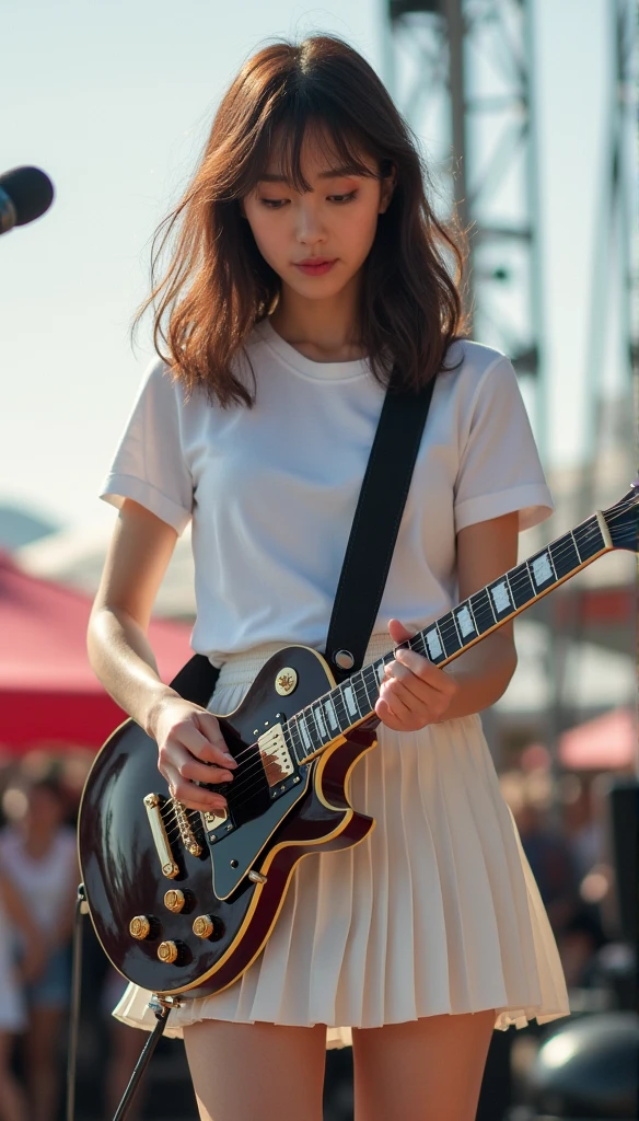 op-quality、masterpiece、超A high resolution、(Photorealsitic:1.4)、Raw photo、1girl in, High school students, bob cuts, Big beautiful eyes, electric guitars, solofocus, (depth of fields, Ambient lighting, Blurred foreground, blurry backround:1.3), Atmosphere, Light flare, intricate detailes, enhanced lighting、Two arms