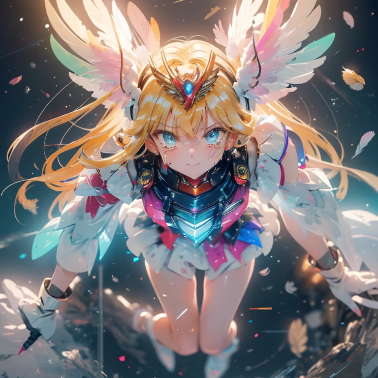 (a bit: 1.2), (masterpiece: 1.4), (Best Quality: 1.4), (She is fused with a Gundam mecha from the future.:1.4), (Very cute angel girl, Ultra detailed face, Jewel-like eyes, White very long hair, Colorful gradient hair: 1.4),Put on head gear, With V-fin ,Mechanical Wings, (whole body:1.5, Two perfect arms, Perfect two legs: 1.4), (Four perfect fingers: ), Light, Shine, Bokeh, Super Fine, Watching the audience,Focus on the eyes　star,Wide viewing angle,Low angle,彗star,milky way,((Archangel　Fantasy　Rainbow Hair　Dye the inside of your hair rainbow colors　Twin tails　Dull blue eyes))　((Has a galaxy　Uniform　Put on a coat without putting your arms through it))　(((Wings many times larger than mine　Rainbow gradient feathers　Glass Feather)))　Pillar of Light　Cyberpunk　Smiling Kindly　Front　Low Angle))　((tears　gloves))　(Broken glass　Rolling Pebble　Distorted Space-Time　star)　Catching the Wind　milky way　Shine背景　Particles of light　Iridescent Edge　Shineエッジ　star,Wide viewing angle,High Position,彗star,milky way,Watching from a distance