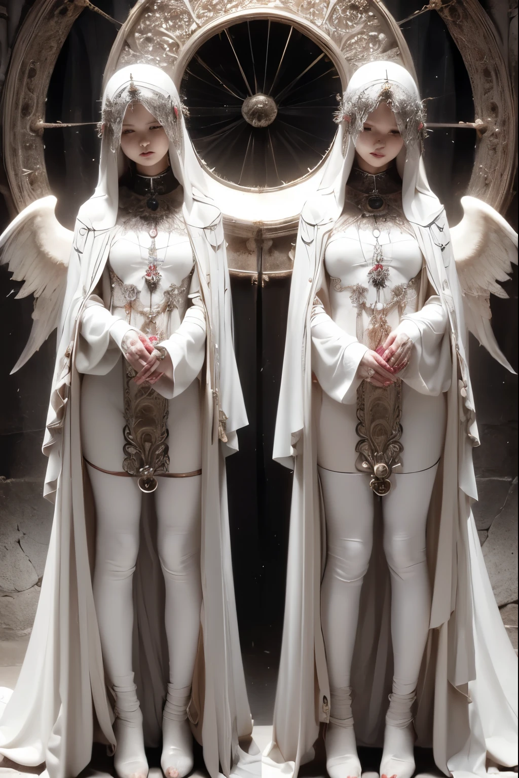 ((Best Quality、8k、masterpiece:1.3))，((Gothic Punk Angel、Prayer Pose))、The image color is white.、Japanese Maiden，((Full body portrait)),Best image quality，Ultra Clear，The facial features are delicate and well defined，Exquisite detail，(Camel Toe)、Slim body、Small breasts、Small Ass、Upright pose、Black Hair、Bob Style、Trimmed bangs、masterpiece、Surreal、Anatomical、Facial muscles、elegant、Beautiful background、Octane Rendering,Cathedral