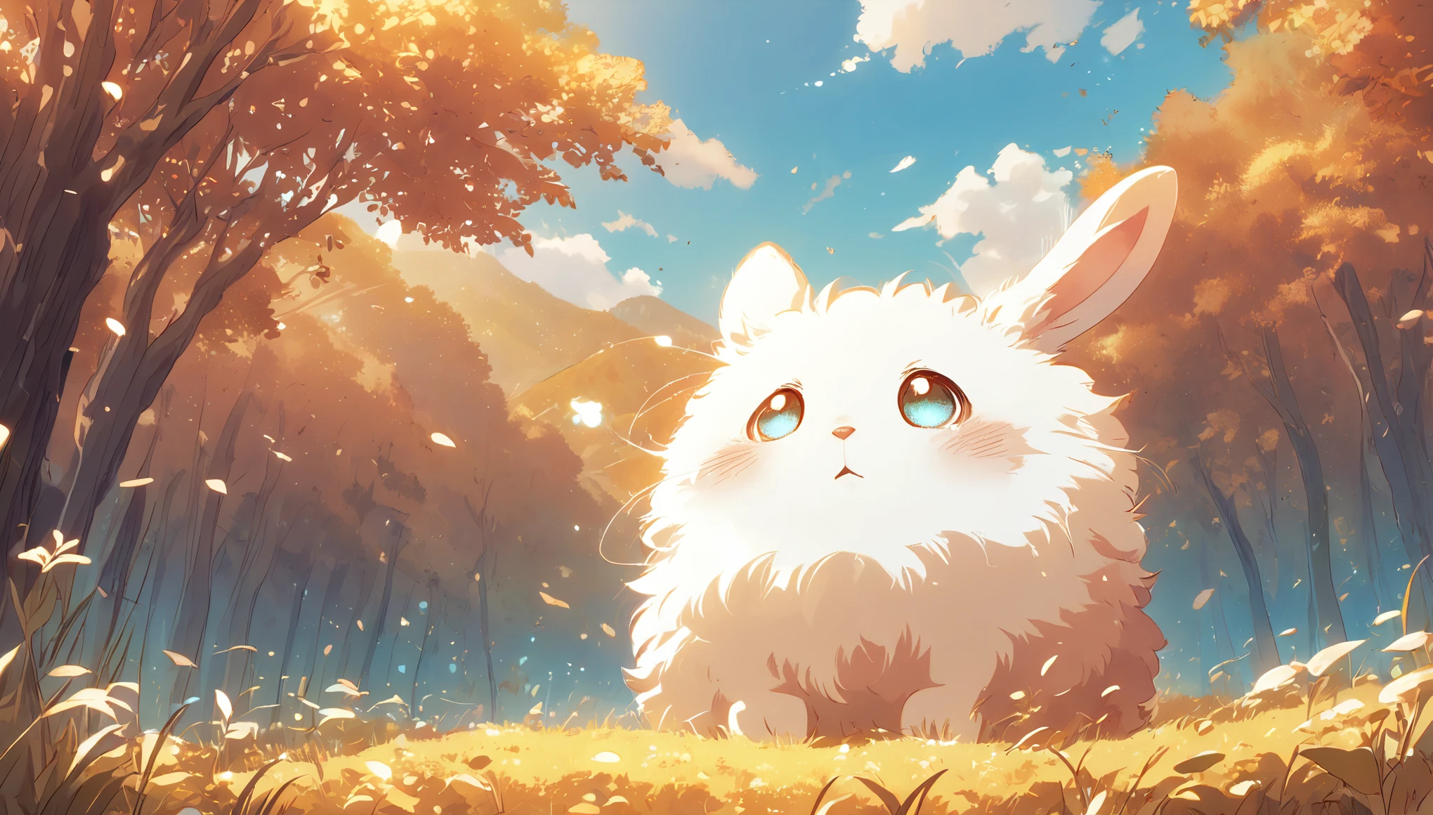 Create a close-up, animated illustration of a fluffy bunny sitting in a field . Emphasize the soft fur, big eyes, and twitching nose of the bunny. The background should be a gentle, highlighting the cuteness and innocence of the babyny, by makoto shinkai, anime beautiful peace scene, beautiful anime scene, anime background art, anime landscape wallpaper, anime countryside landscape, anime art wallpaper 4 k , anime art wallpaper 4k, beautiful anime scenery, anime art wallpaper 8 k, amazing wallpaper , Ultrawide cozy, Autumn , Fall, Forest