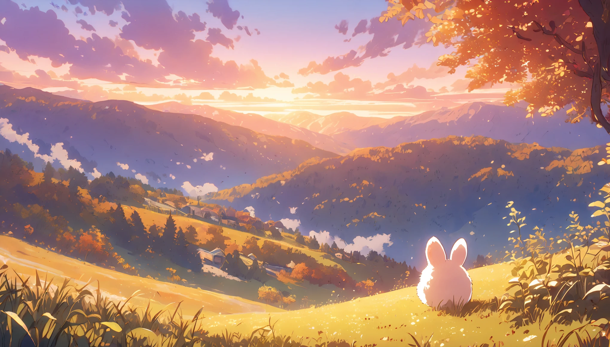 Create a close-up, animated illustration of a fluffy bunny sitting in a field . Emphasize the soft fur, big eyes, and twitching nose of the bunny. The background should be a gentle, highlighting the cuteness and innocence of the babyny, by makoto shinkai, anime beautiful peace scene, beautiful anime scene, anime background art, anime landscape wallpaper, anime countryside landscape, anime art wallpaper 4 k , anime art wallpaper 4k, beautiful anime scenery, anime art wallpaper 8 k, amazing wallpaper , Ultrawide cozy, Autumn , Fall, Forest