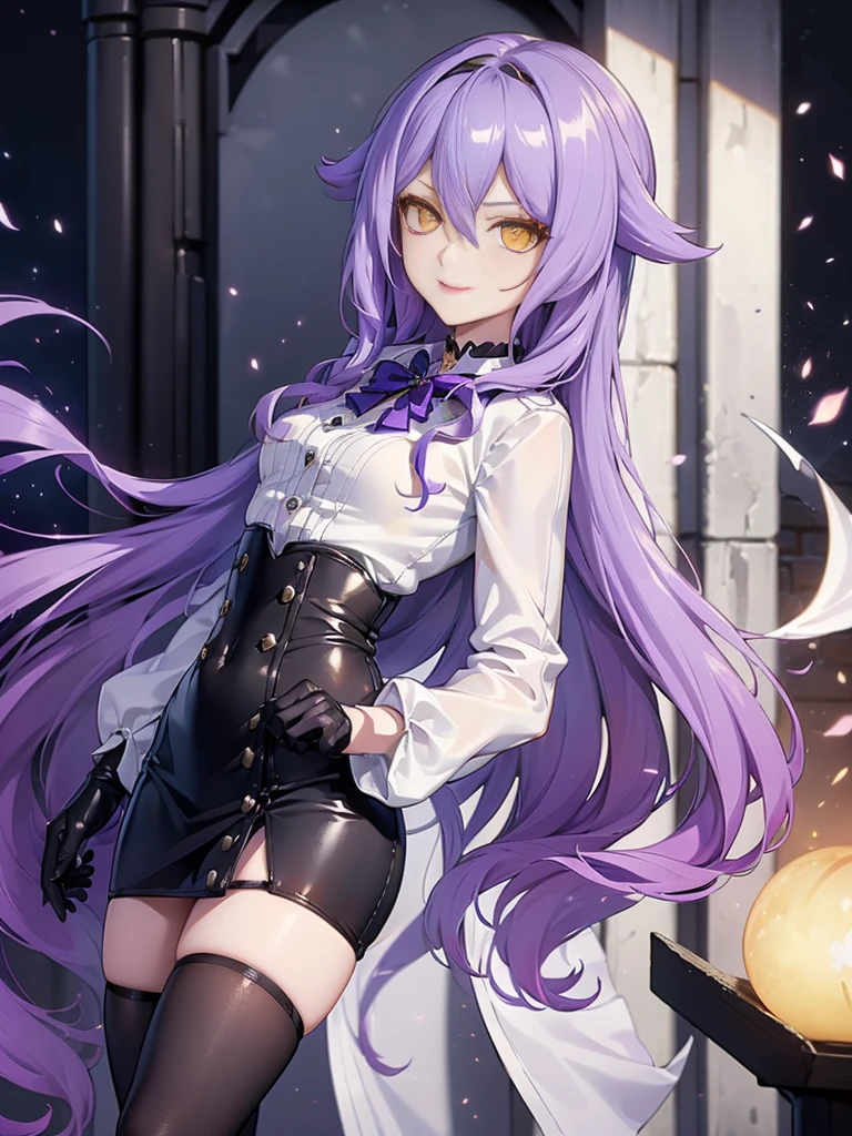 ((Masterpiece)),(( The best quality)), (detailed), expressive eyes, (Perfect face), 1 girl, (standing), (Sirin, Honkai Impact), (long purple hair), (Yellow eyes, ojos detaileds), (sensual lips), (serious expression), showing smile, (slim build), view from behind, perfect ass, holds a pair of hand scissors, choker:1.6, (White collar button-down shirt with white long sleeves), Black gloves, gloves that cover the hands, (black leather corset), (shiny black miniskirt), (black boots), (tailoring), by day