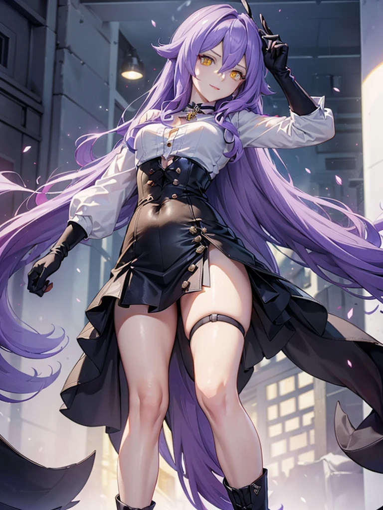 ((Masterpiece)),(( The best quality)), (detailed), expressive eyes, (Perfect face), 1 girl, (standing), (Sirin, Honkai Impact), (long purple hair), (Yellow eyes, ojos detaileds), (sensual lips), (serious expression), showing smile, (slim build), view from behind, perfect ass, holds a pair of hand scissors, choker:1.6, (White collar button-down shirt with white long sleeves), Black gloves, gloves that cover the hands, (black leather corset), (shiny black miniskirt), (black boots), (tailoring), by day